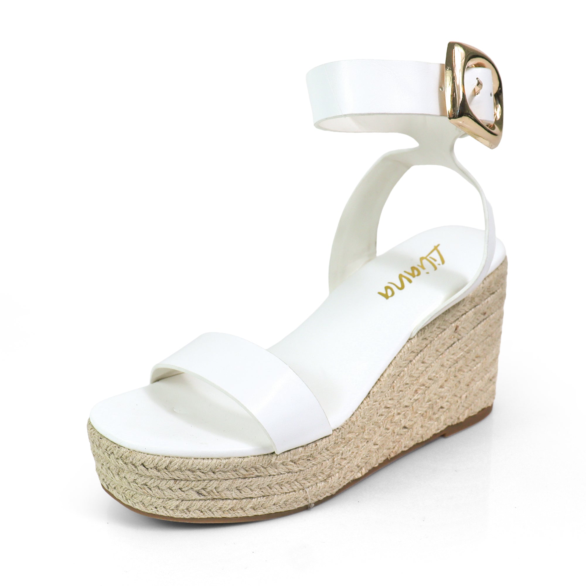 ALYAH-2 OPEN TOE BUCKLE ANKLE STRAP W/ ESPADRILLE WEDGE WHITE