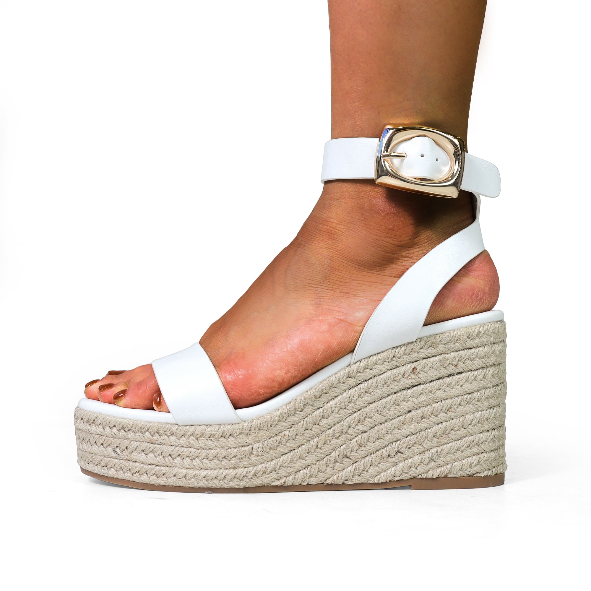 ALYAH-2 OPEN TOE BUCKLE ANKLE STRAP W/ ESPADRILLE WEDGE WHITE