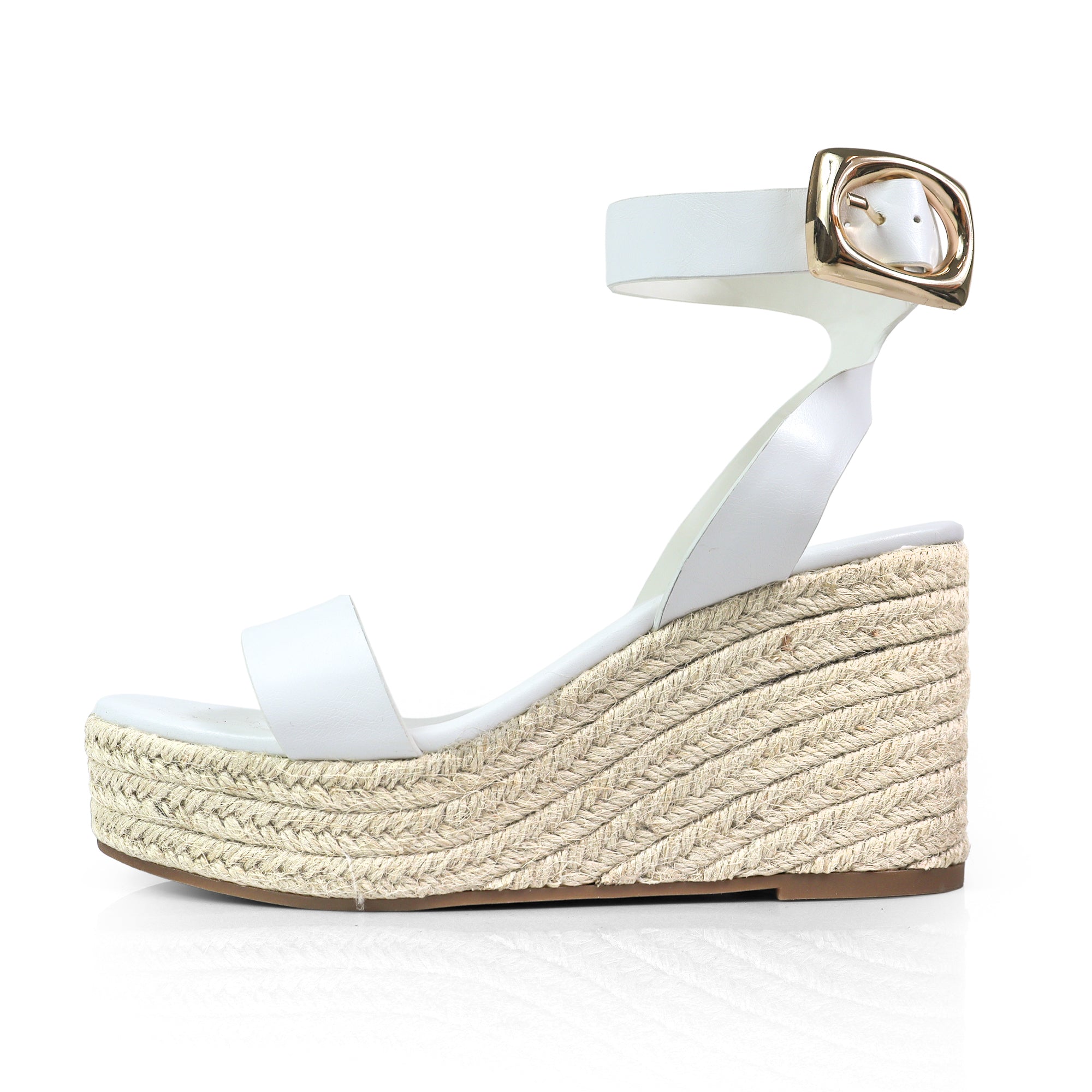 ALYAH-2 OPEN TOE BUCKLE ANKLE STRAP W/ ESPADRILLE WEDGE WHITE