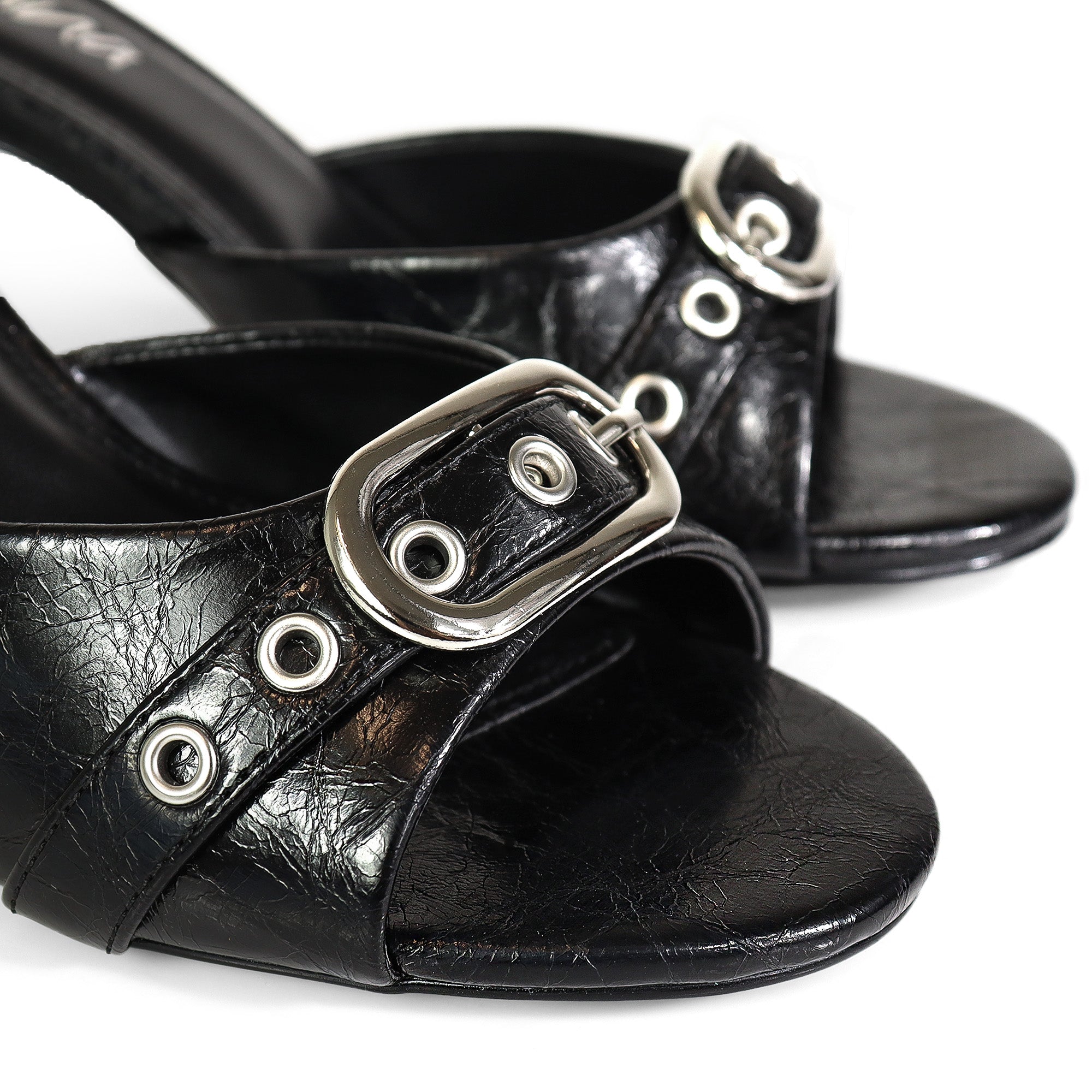 AMBER-4 BUCKLE MULES W/ KITTEN HEEL BLACK