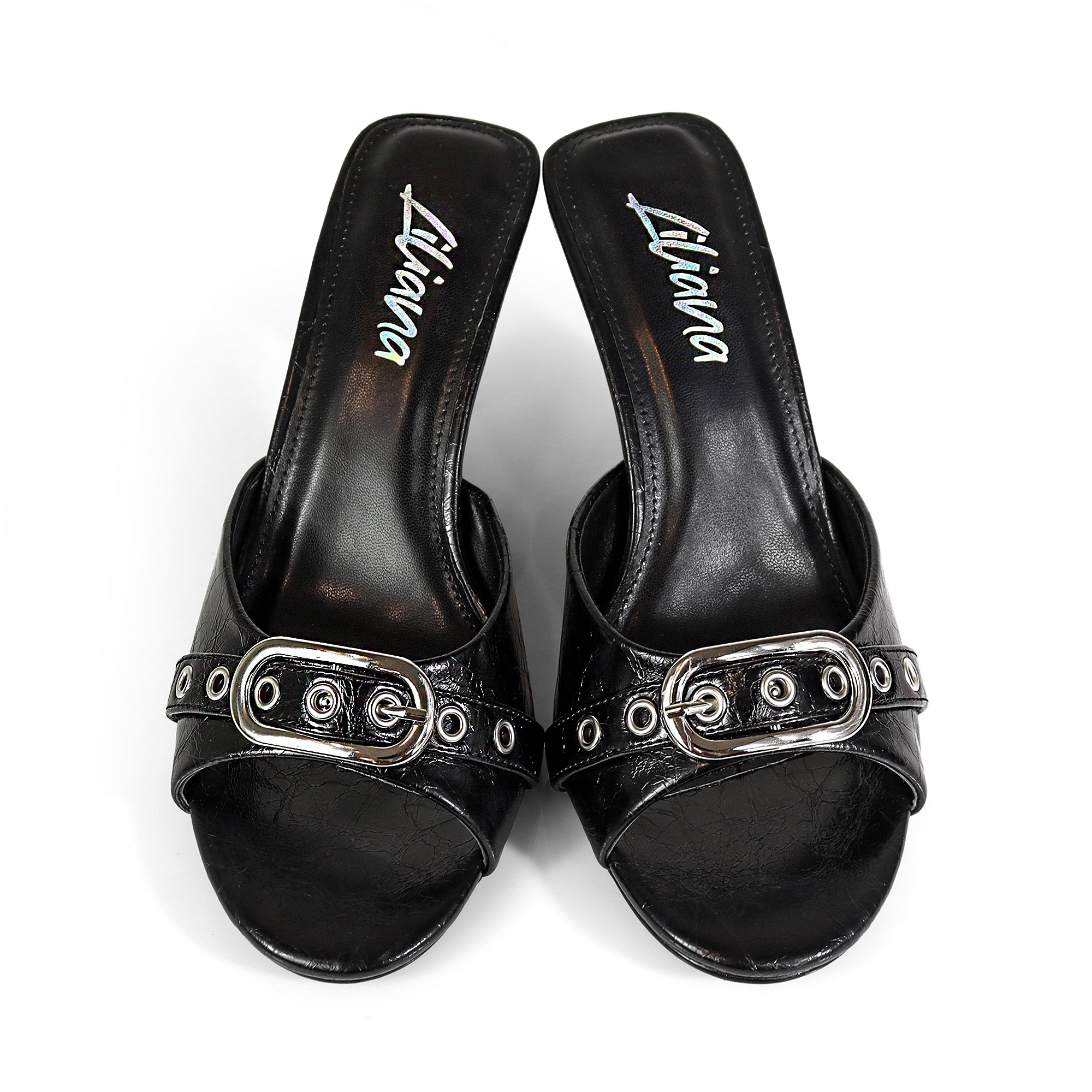 AMBER-4 BUCKLE MULES W/ KITTEN HEEL BLACK