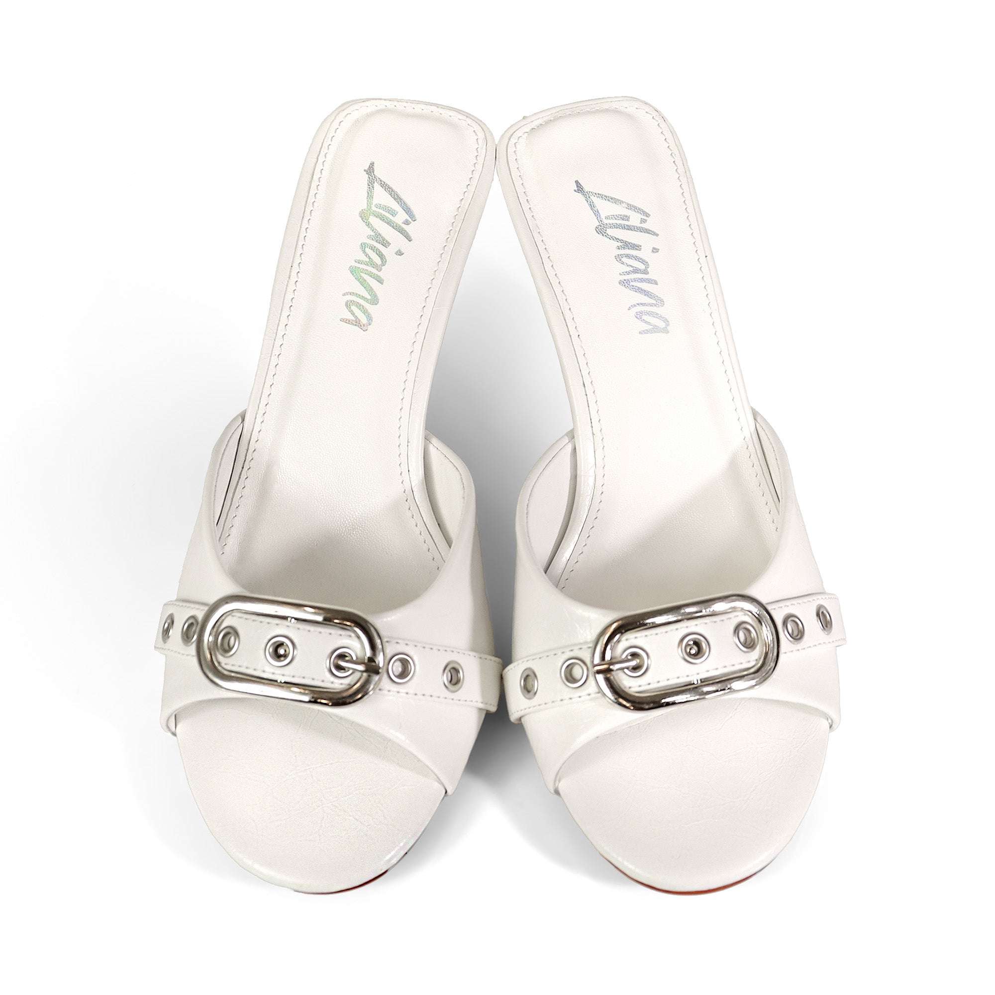 AMBER-4 BUCKLE MULES W/ KITTEN HEEL WHITE