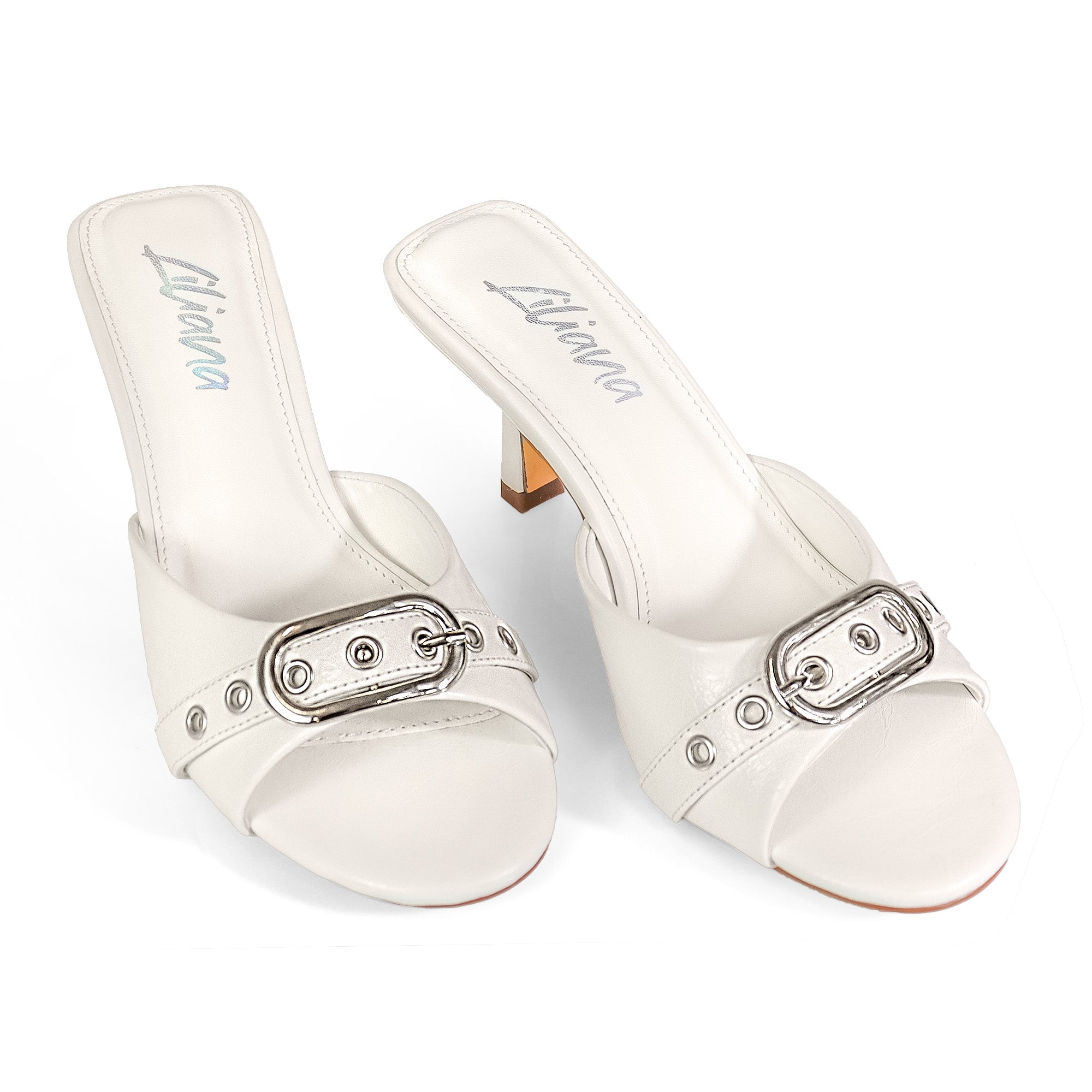 AMBER-4 BUCKLE MULES W/ KITTEN HEEL WHITE