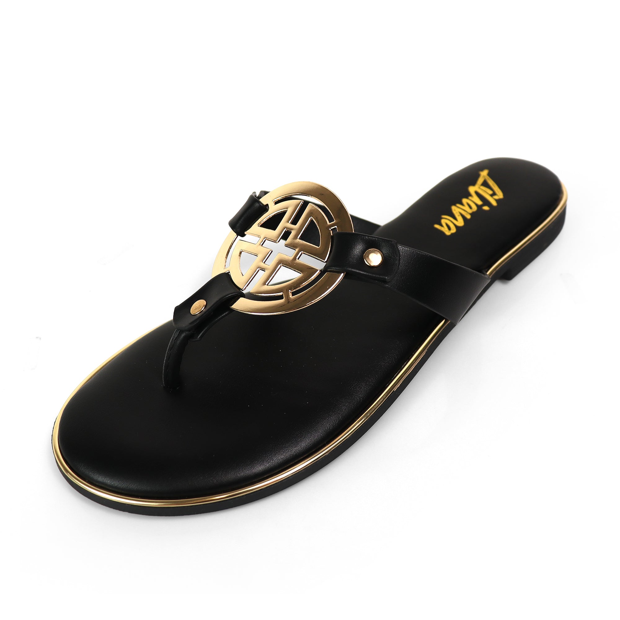 AMRIT-1 METALLIC GEOMEtRIC PENDANT THOUNG SLIDE SANDALS BLACK