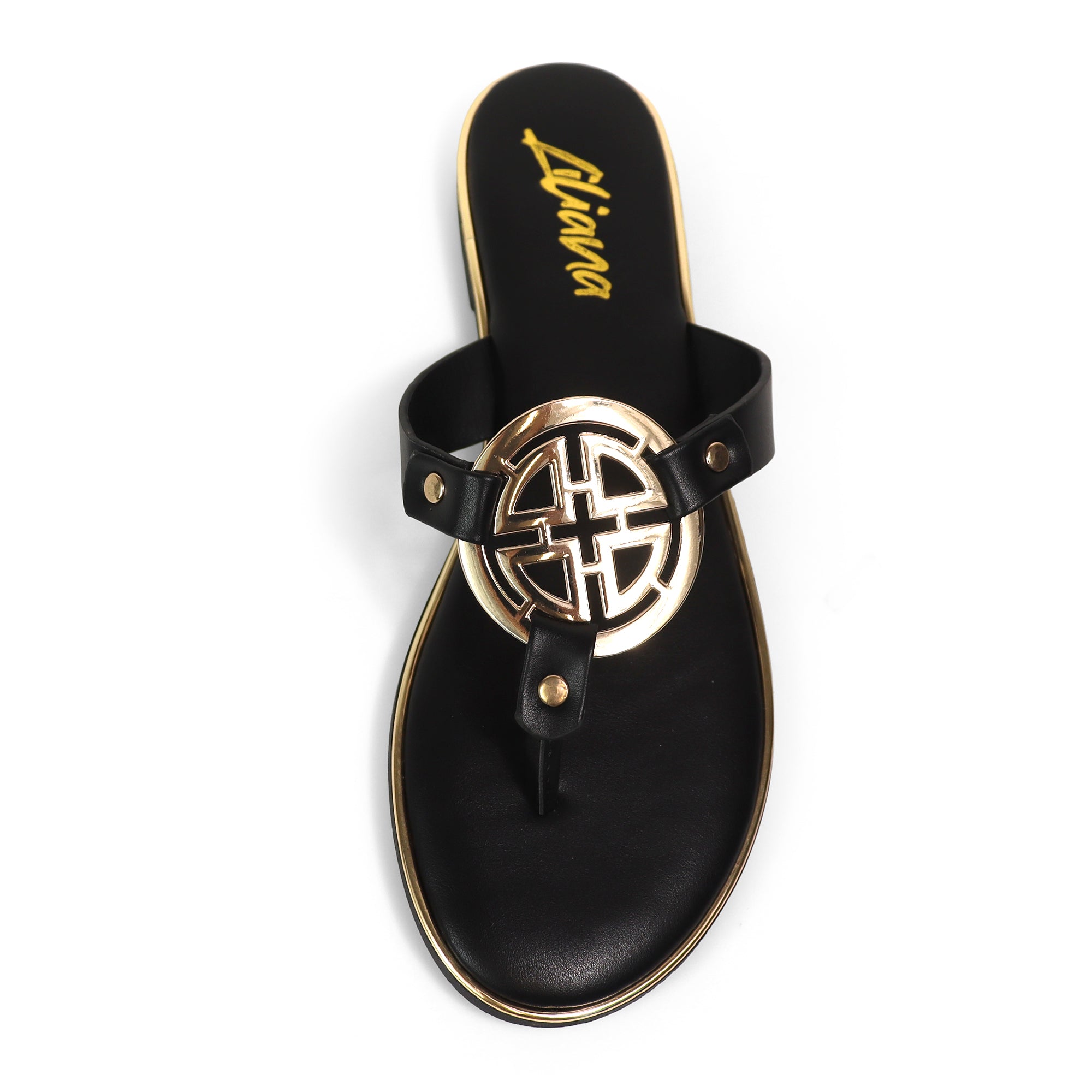 AMRIT-1 METALLIC GEOMEtRIC PENDANT THOUNG SLIDE SANDALS BLACK