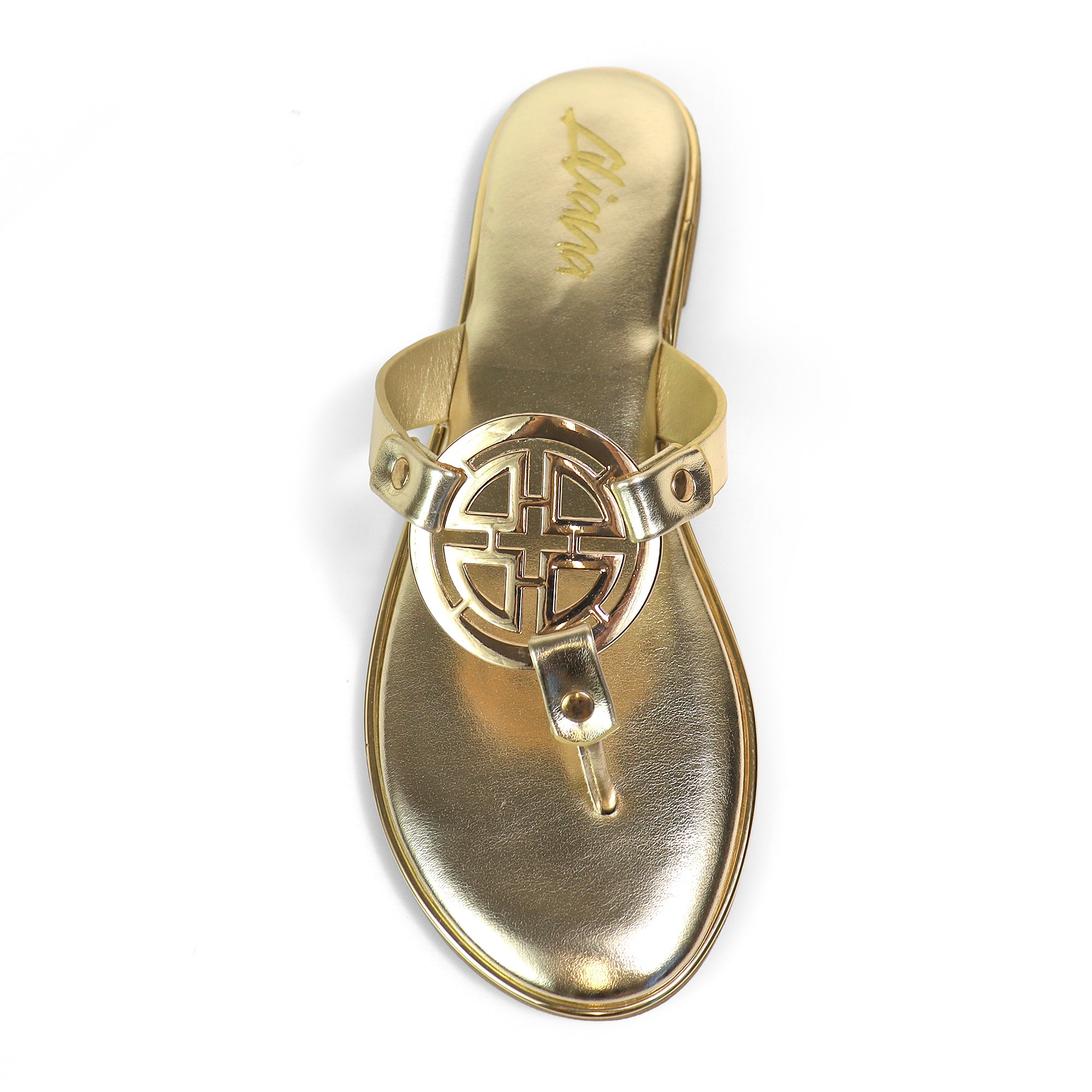 AMRIT-1 METALLIC GEOMEtRIC PENDANT THOUNG SLIDE SANDALS GOLD