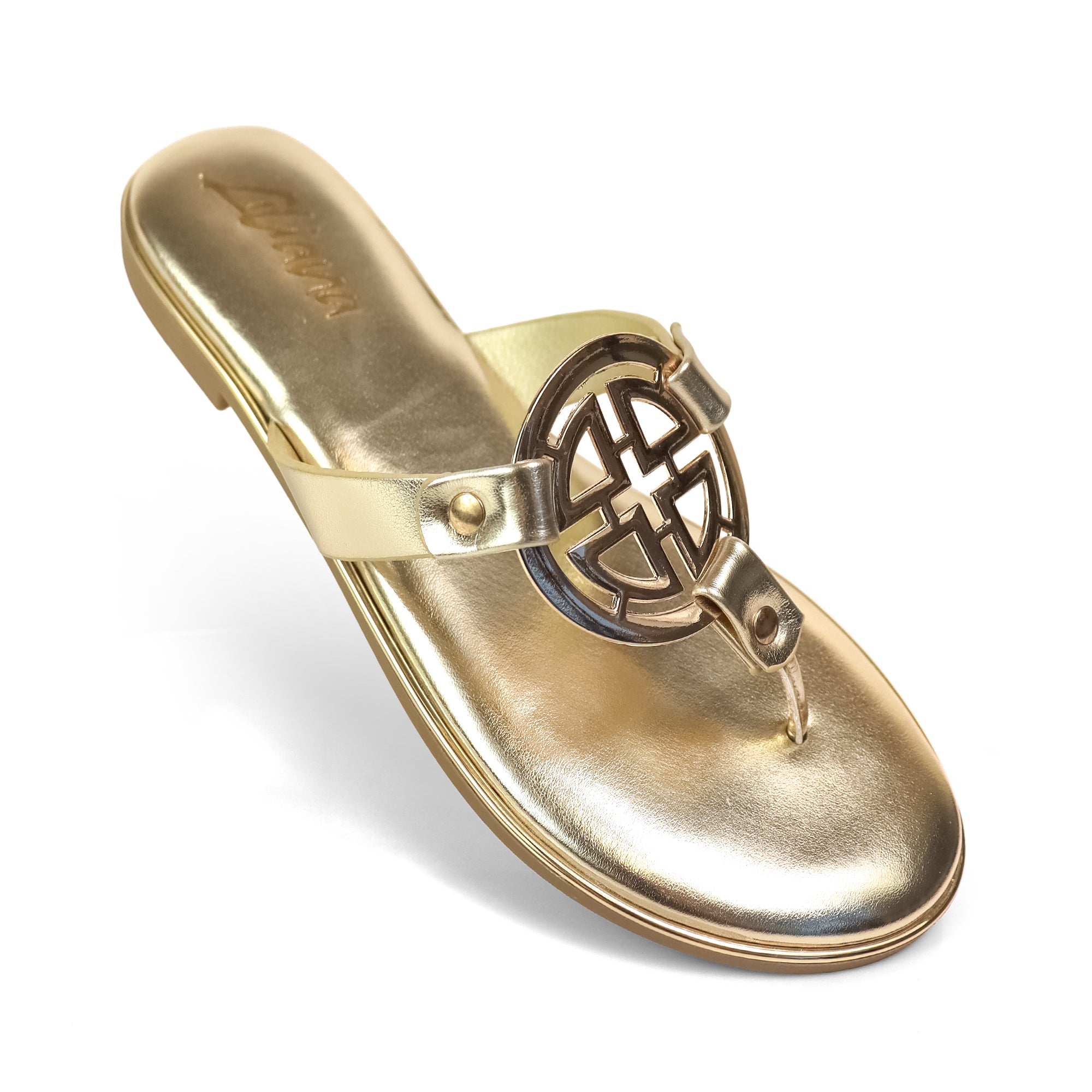 AMRIT-1 METALLIC GEOMEtRIC PENDANT THOUNG SLIDE SANDALS GOLD