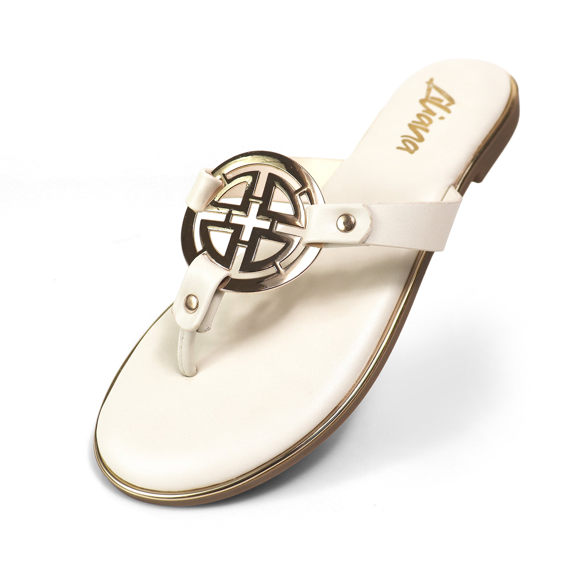AMRIT-1 METALLIC GEOMEtRIC PENDANT THOUNG SLIDE SANDALS IVORY