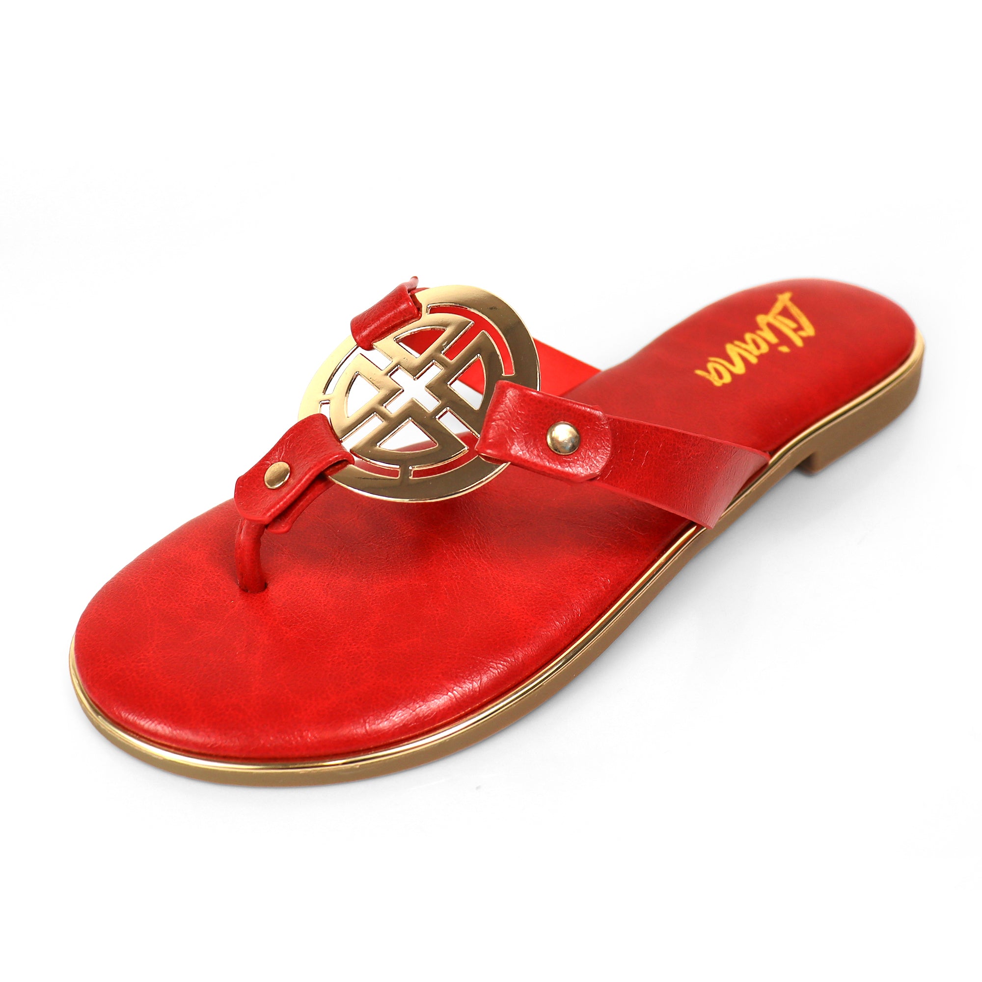 AMRIT-1 METALLIC GEOMEtRIC PENDANT THOUNG SLIDE SANDALS RED
