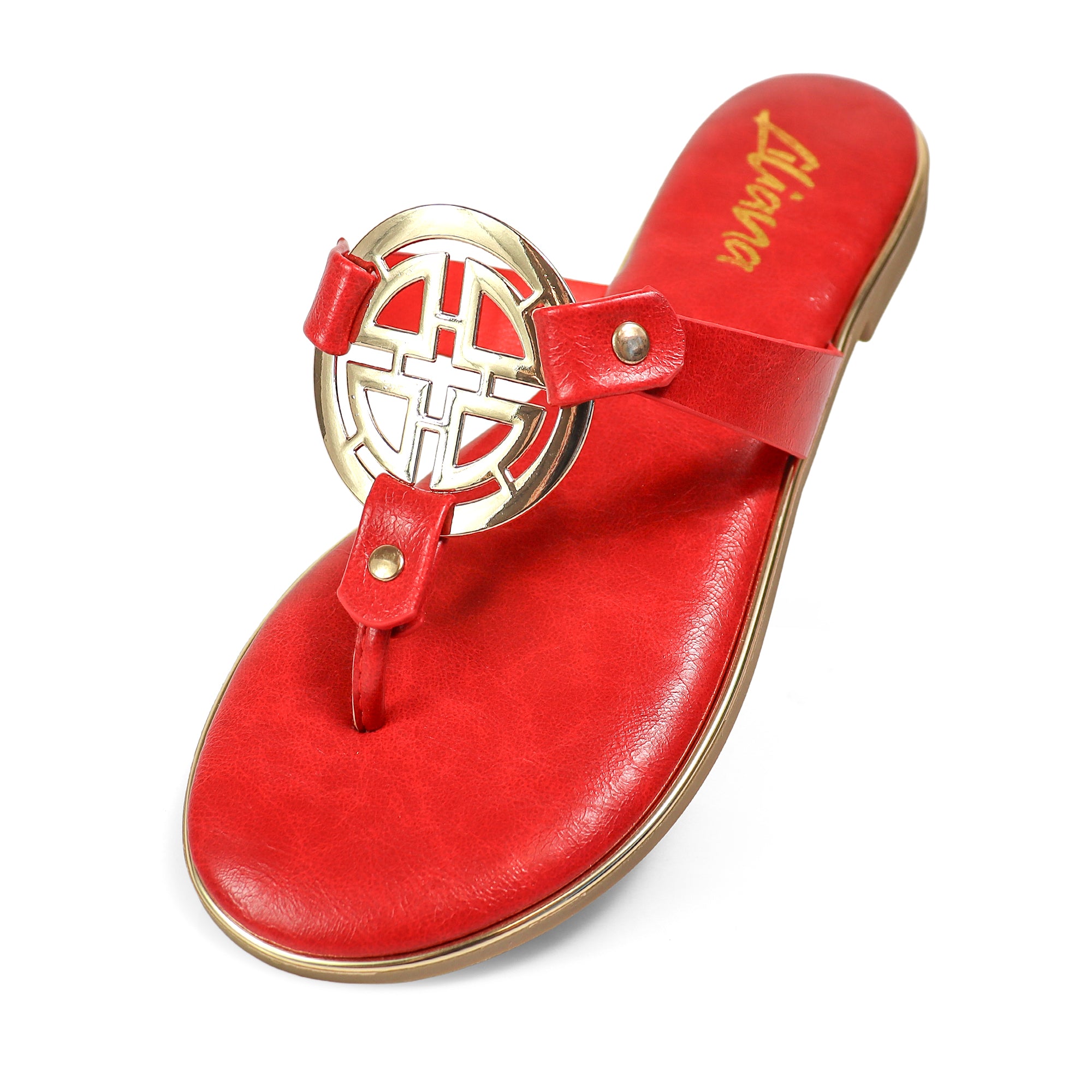 AMRIT-1 METALLIC GEOMEtRIC PENDANT THOUNG SLIDE SANDALS RED