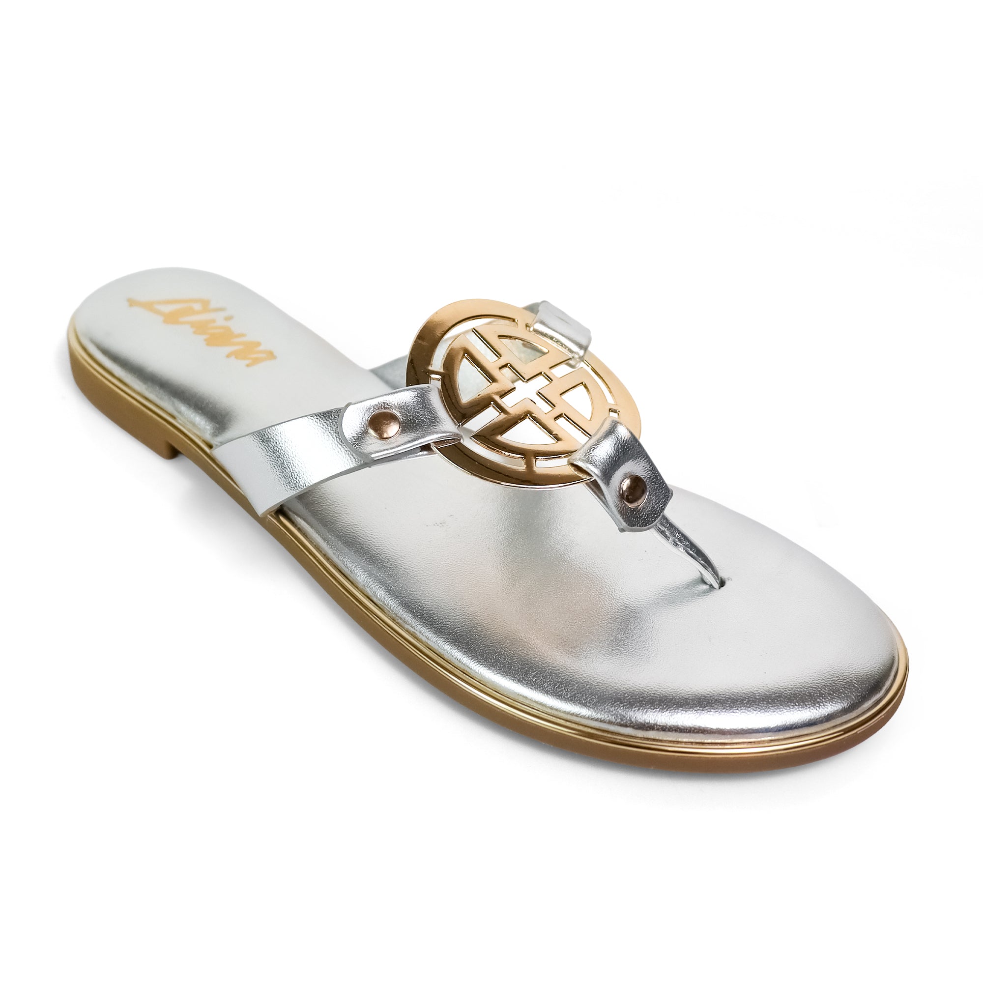 AMRIT-1 METALLIC GEOMEtRIC PENDANT THOUNG SLIDE SANDALS SILVER