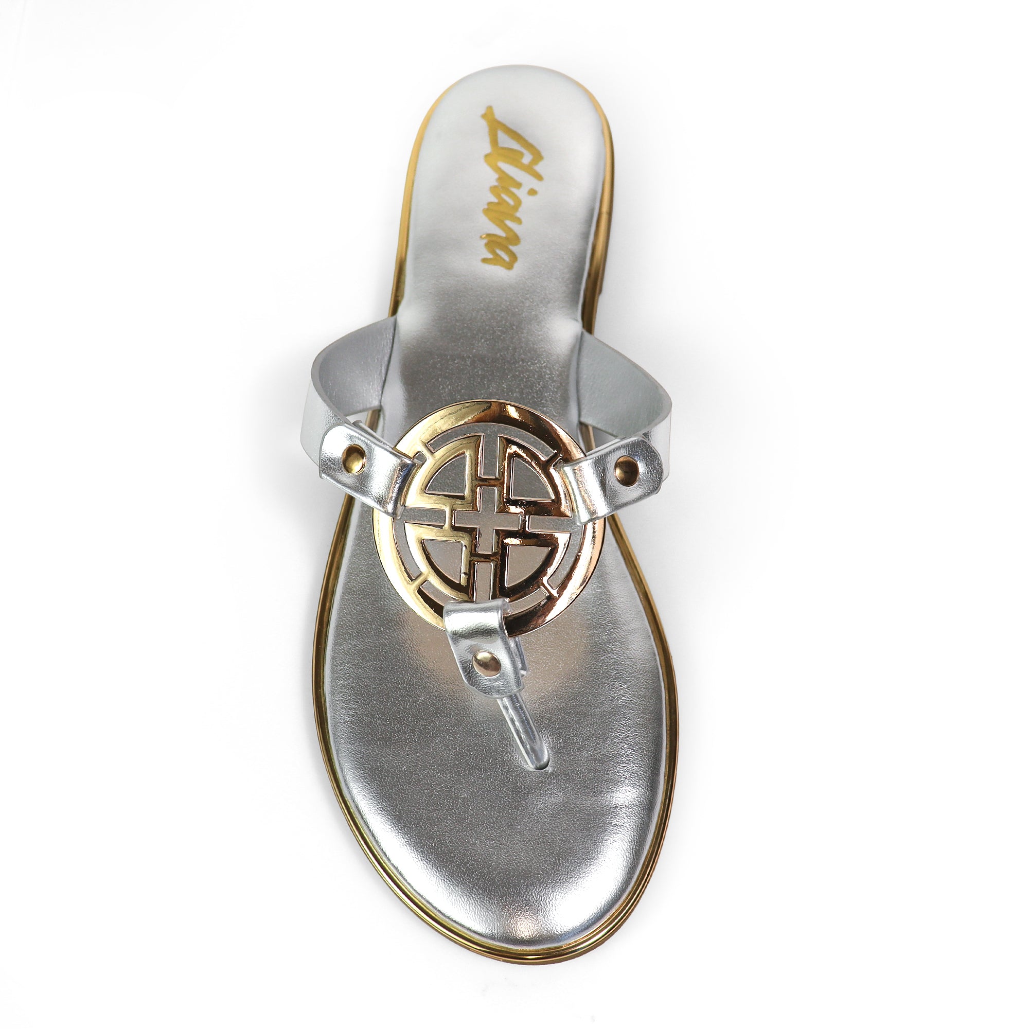 AMRIT-1 METALLIC GEOMEtRIC PENDANT THOUNG SLIDE SANDALS SILVER