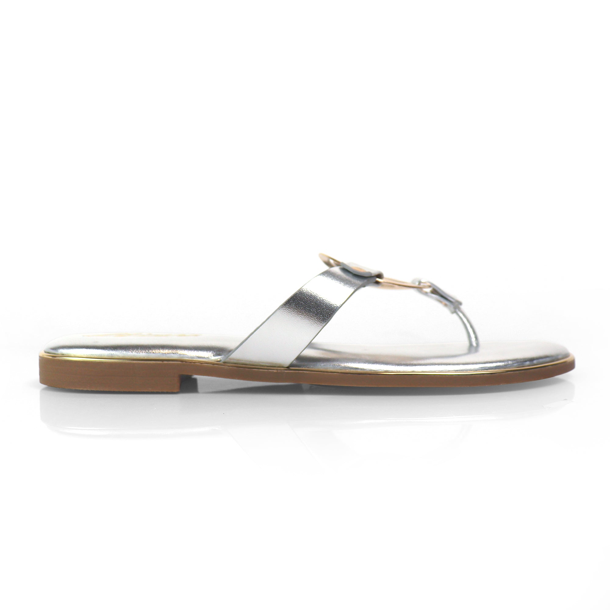 AMRIT-1 METALLIC GEOMEtRIC PENDANT THOUNG SLIDE SANDALS SILVER