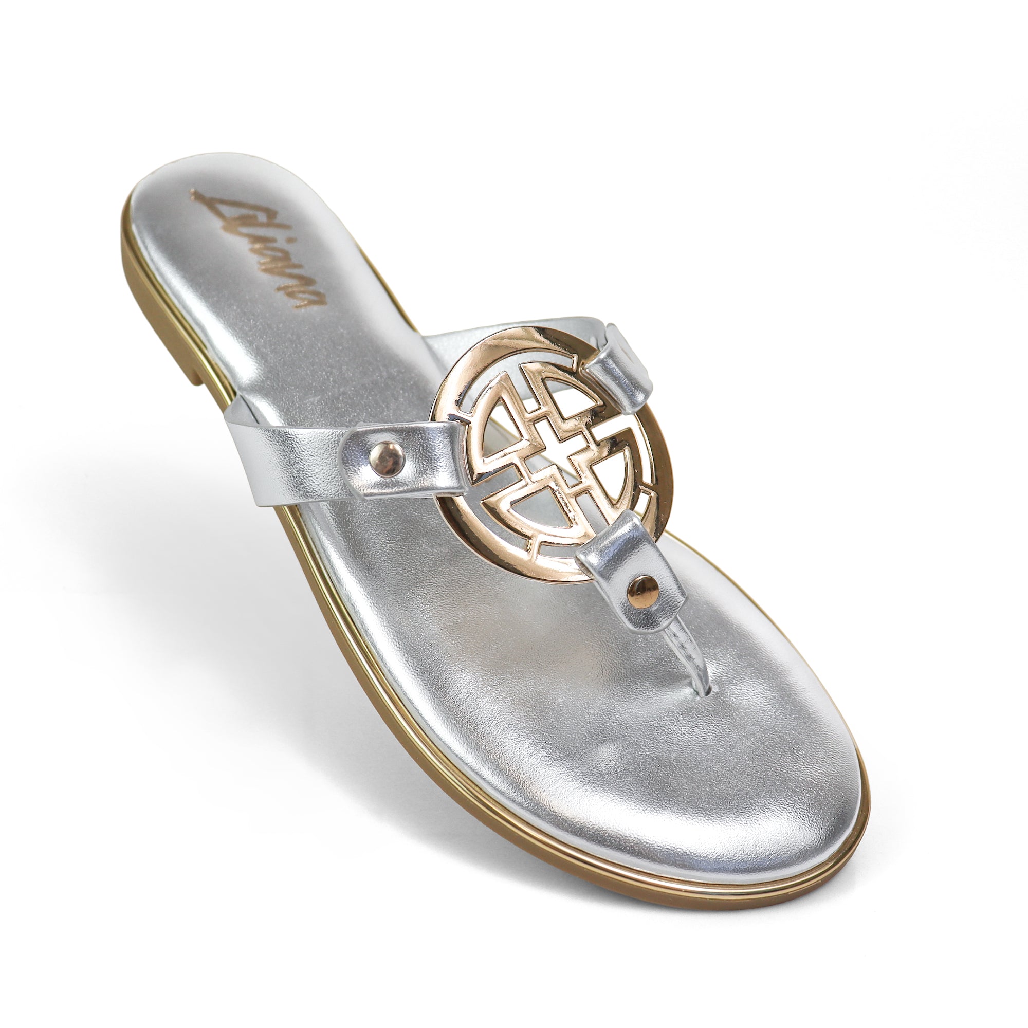 AMRIT-1 METALLIC GEOMEtRIC PENDANT THOUNG SLIDE SANDALS SILVER