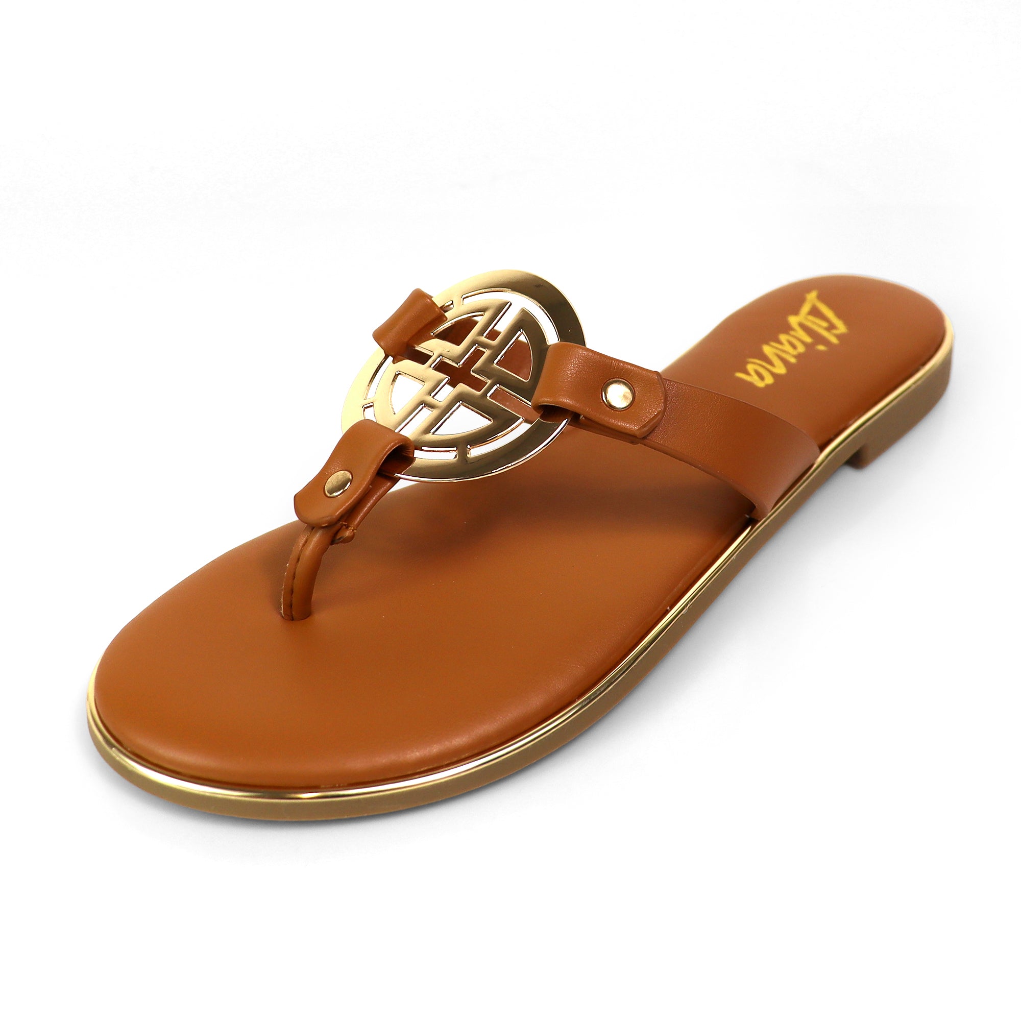 AMRIT-1 METALLIC GEOMEtRIC PENDANT THOUNG SLIDE SANDALS TAN