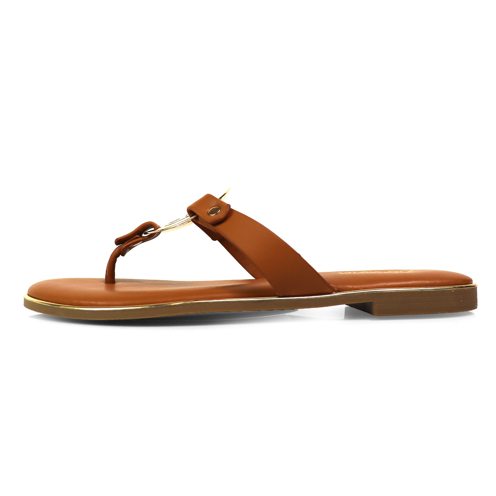 AMRIT-1 METALLIC GEOMEtRIC PENDANT THOUNG SLIDE SANDALS TAN
