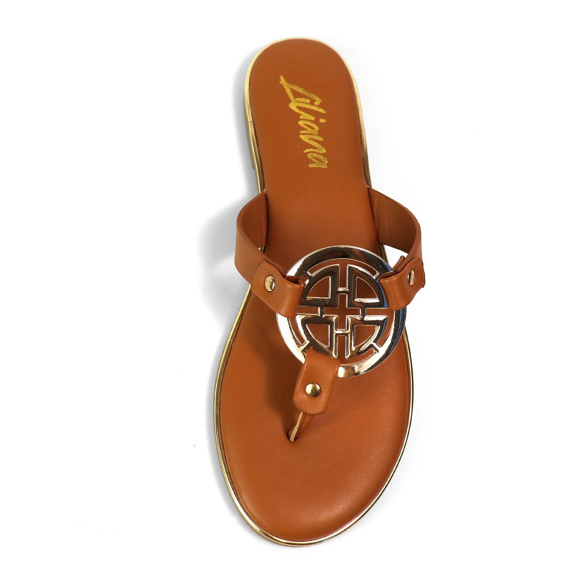 AMRIT-1 METALLIC GEOMEtRIC PENDANT THOUNG SLIDE SANDALS TAN