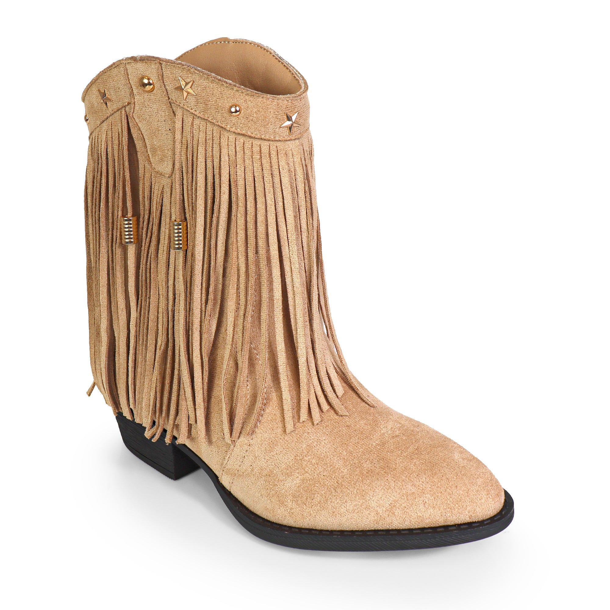 ANASTASIA-1 FRINGE WESYERN ANKLE BOOTS BEIGE