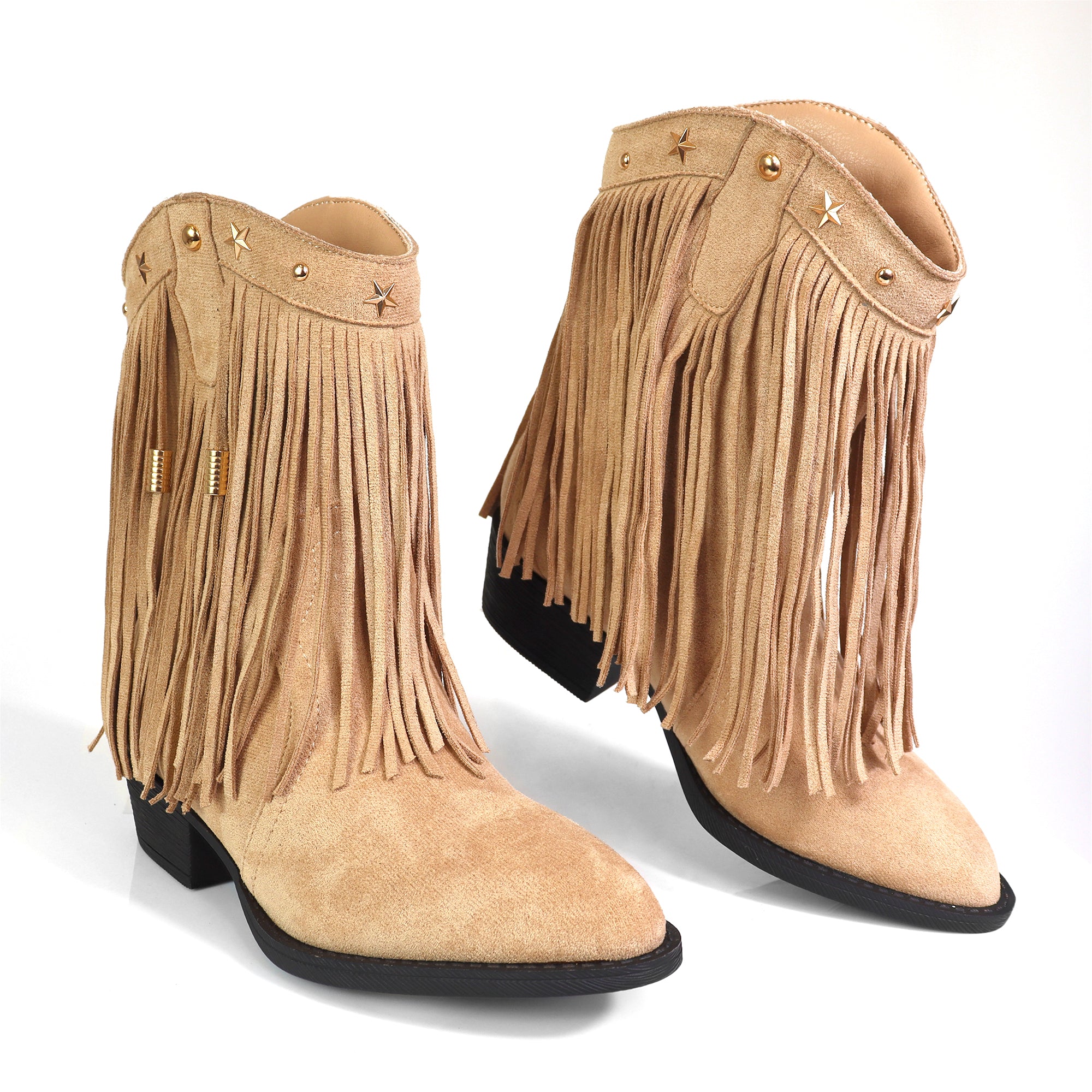 ANASTASIA-1 FRINGE WESYERN ANKLE BOOTS BEIGE