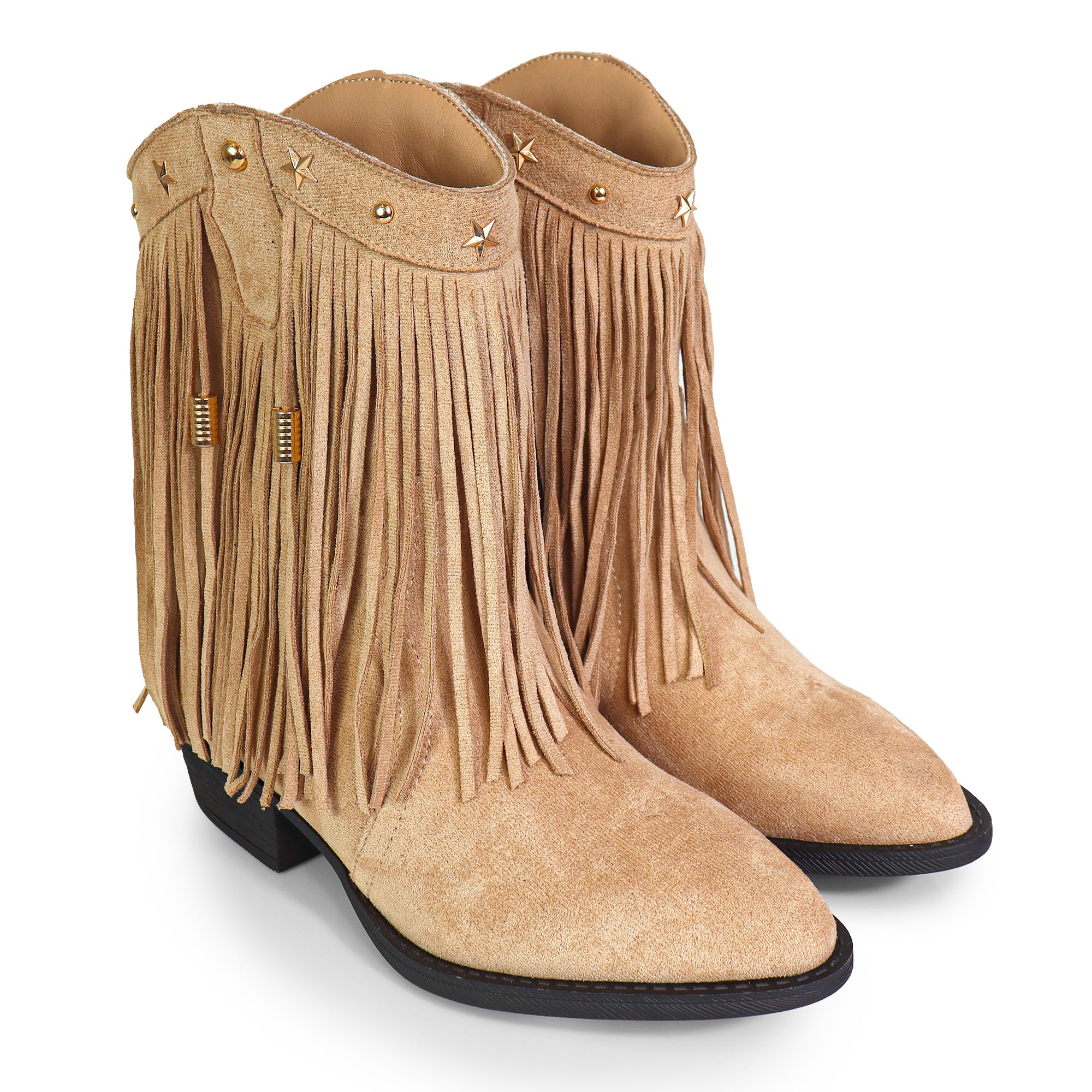 ANASTASIA-1 FRINGE WESYERN ANKLE BOOTS BEIGE