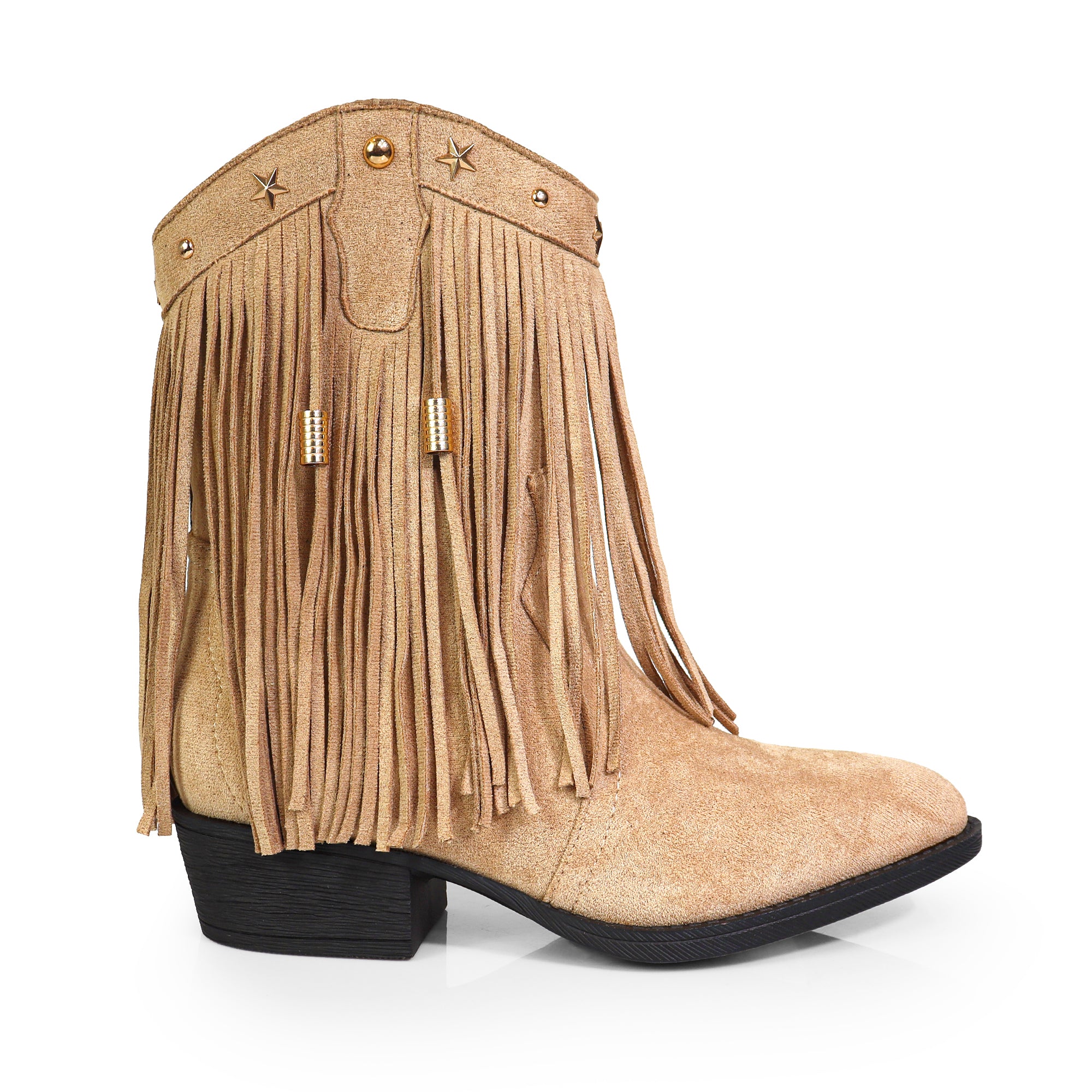 ANASTASIA-1 FRINGE WESYERN ANKLE BOOTS BEIGE