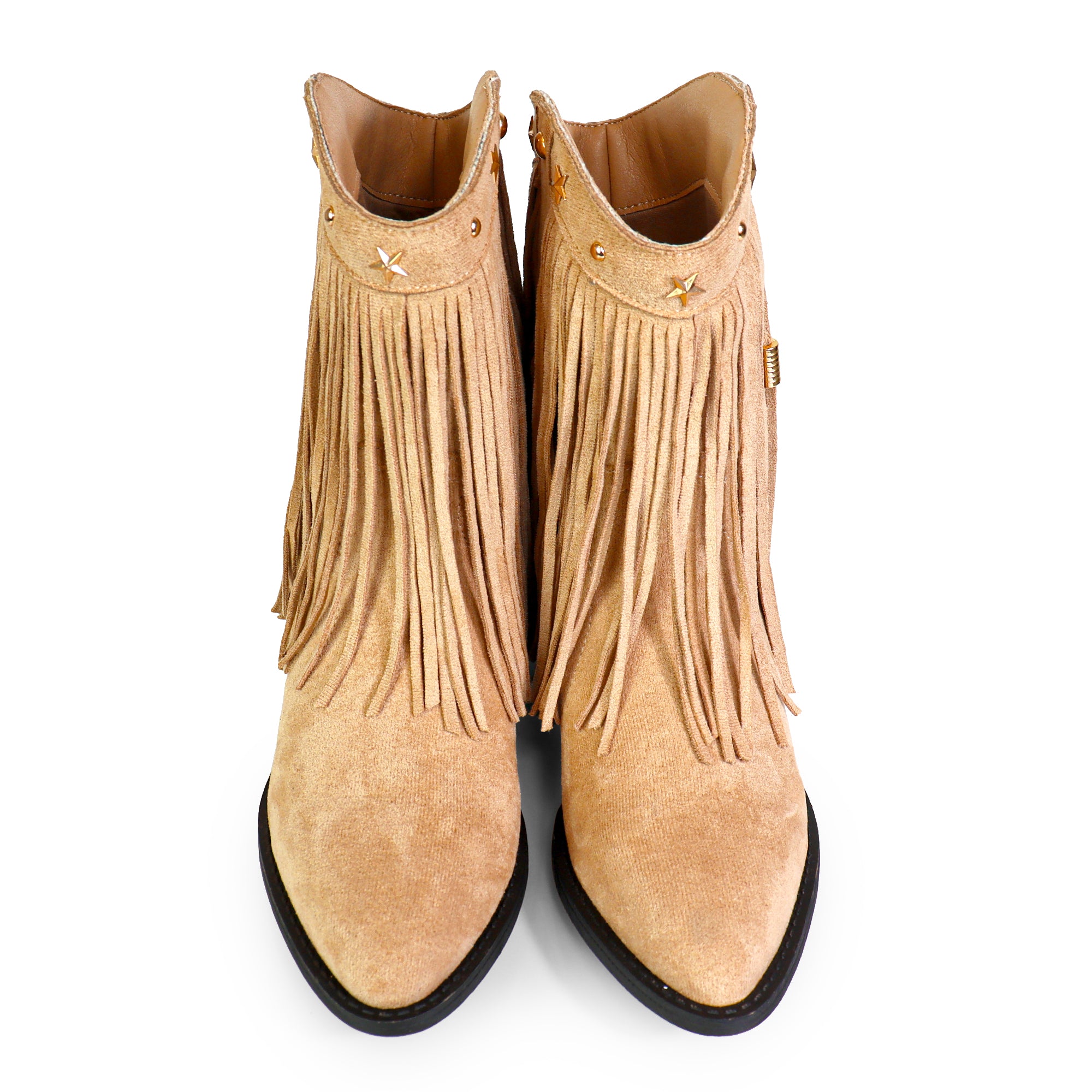ANASTASIA-1 FRINGE WESYERN ANKLE BOOTS BEIGE