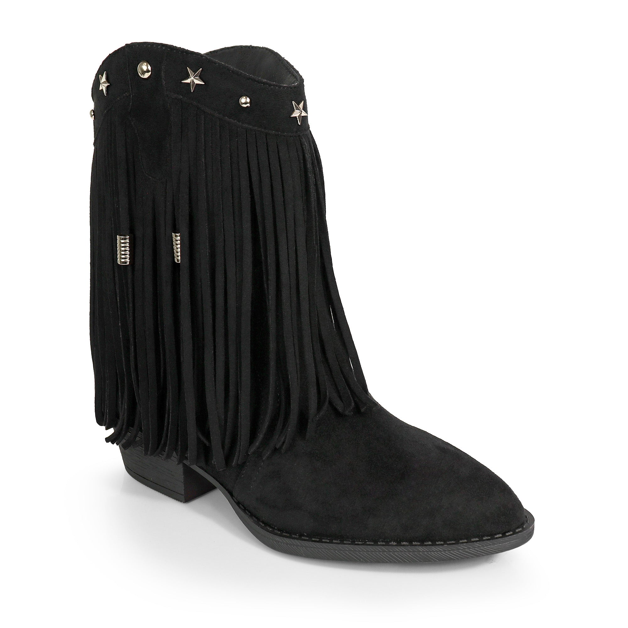 ANASTASIA-1 FRINGE WESYERN ANKLE BOOTS BLACK