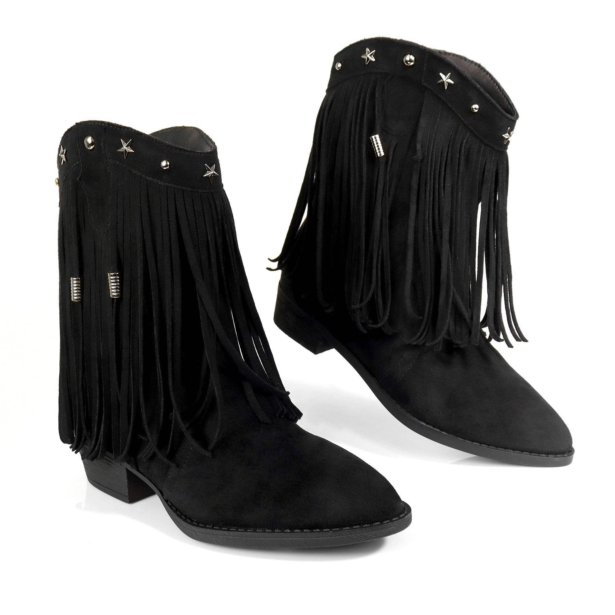 ANASTASIA-1 FRINGE WESYERN ANKLE BOOTS BLACK