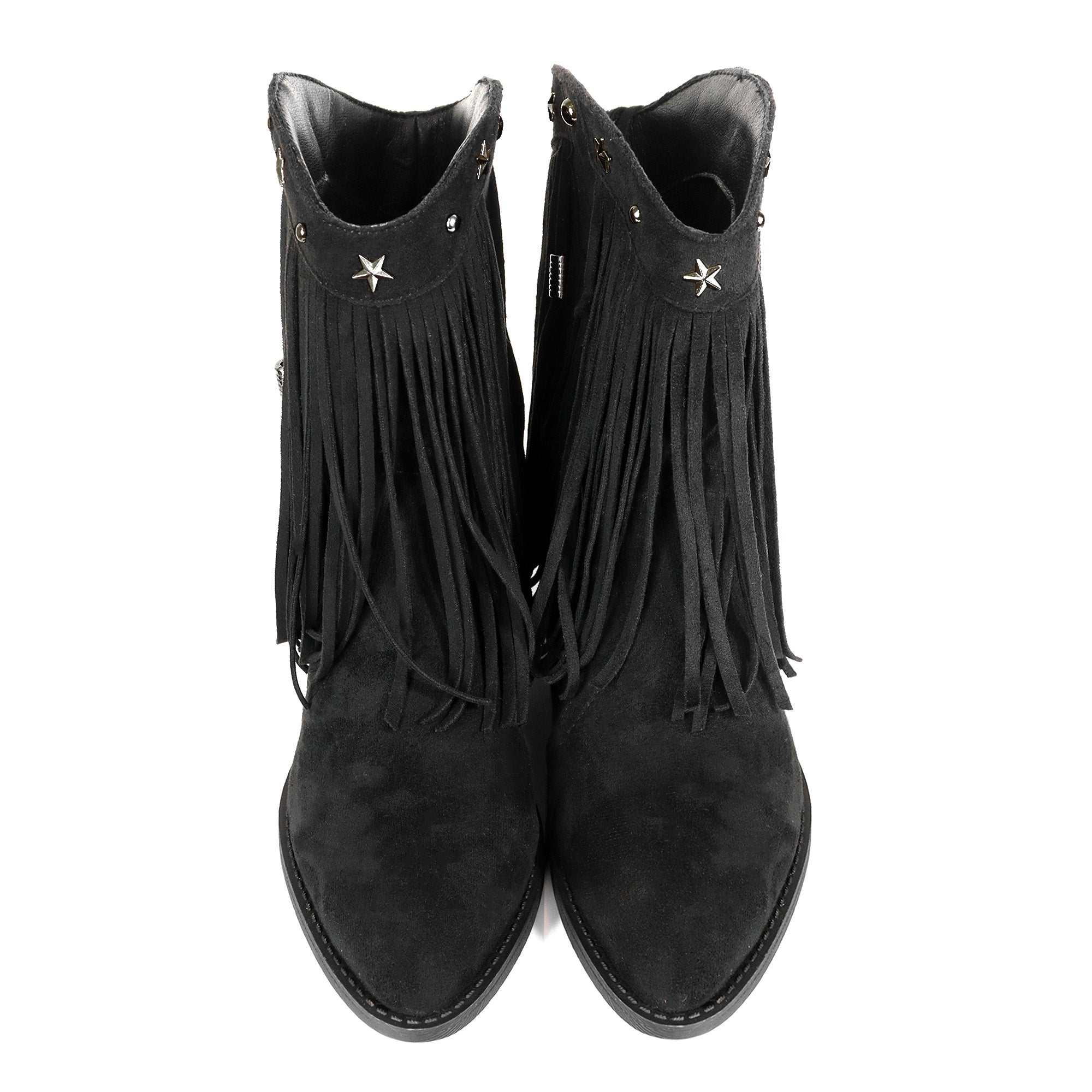 ANASTASIA-1 FRINGE WESYERN ANKLE BOOTS BLACK