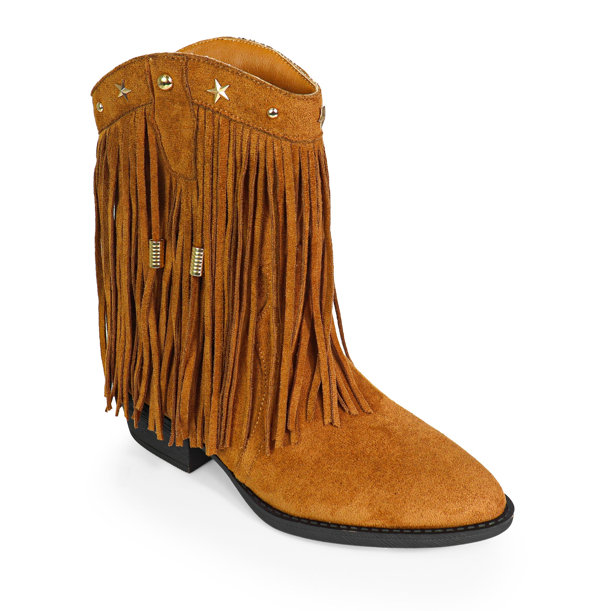 ANASTASIA-1 FRINGE WESYERN ANKLE BOOTS TAN