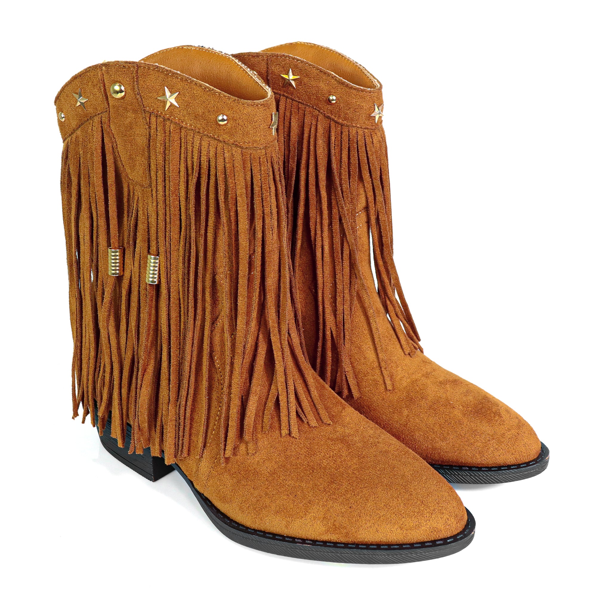 ANASTASIA-1 FRINGE WESYERN ANKLE BOOTS TAN
