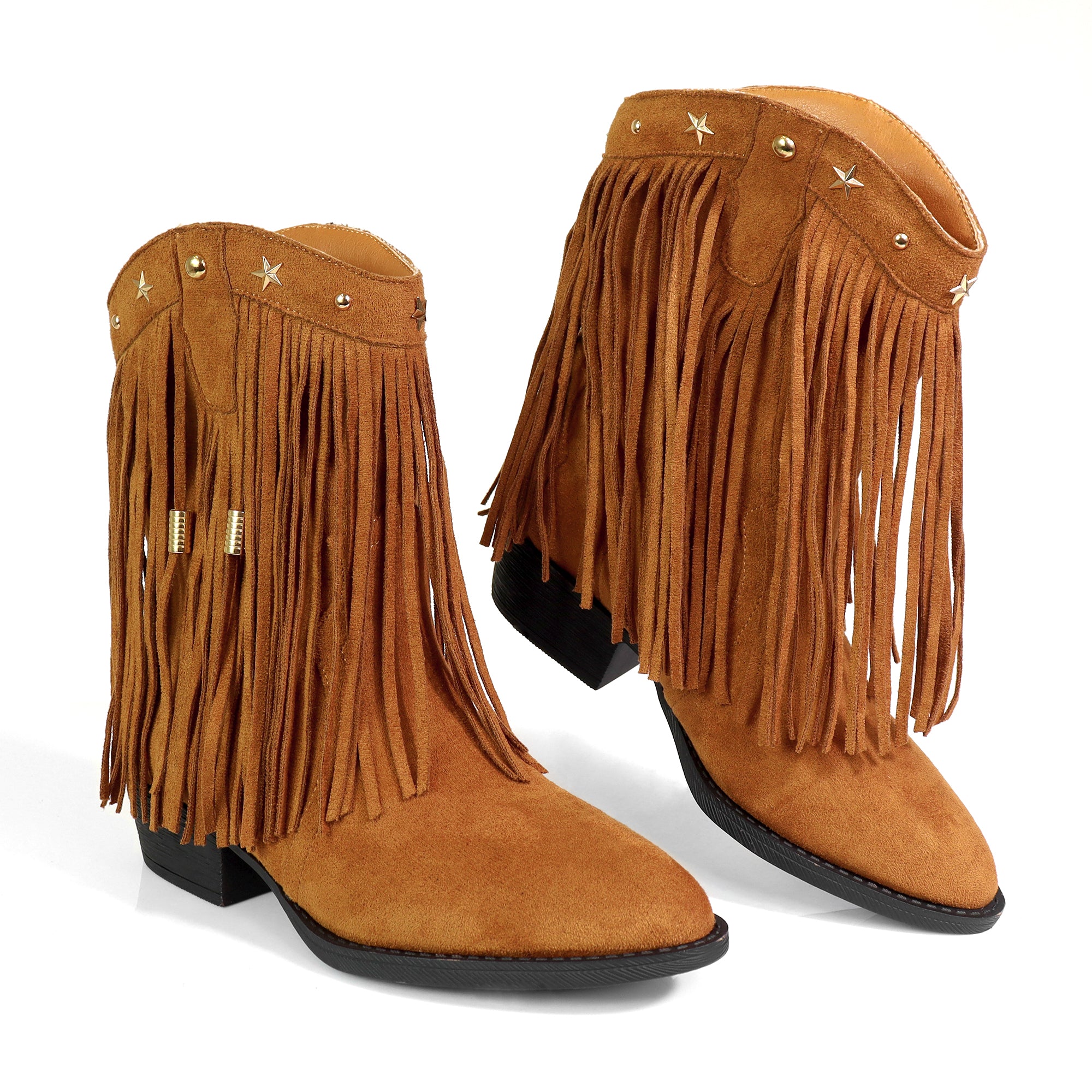 ANASTASIA-1 FRINGE WESYERN ANKLE BOOTS TAN