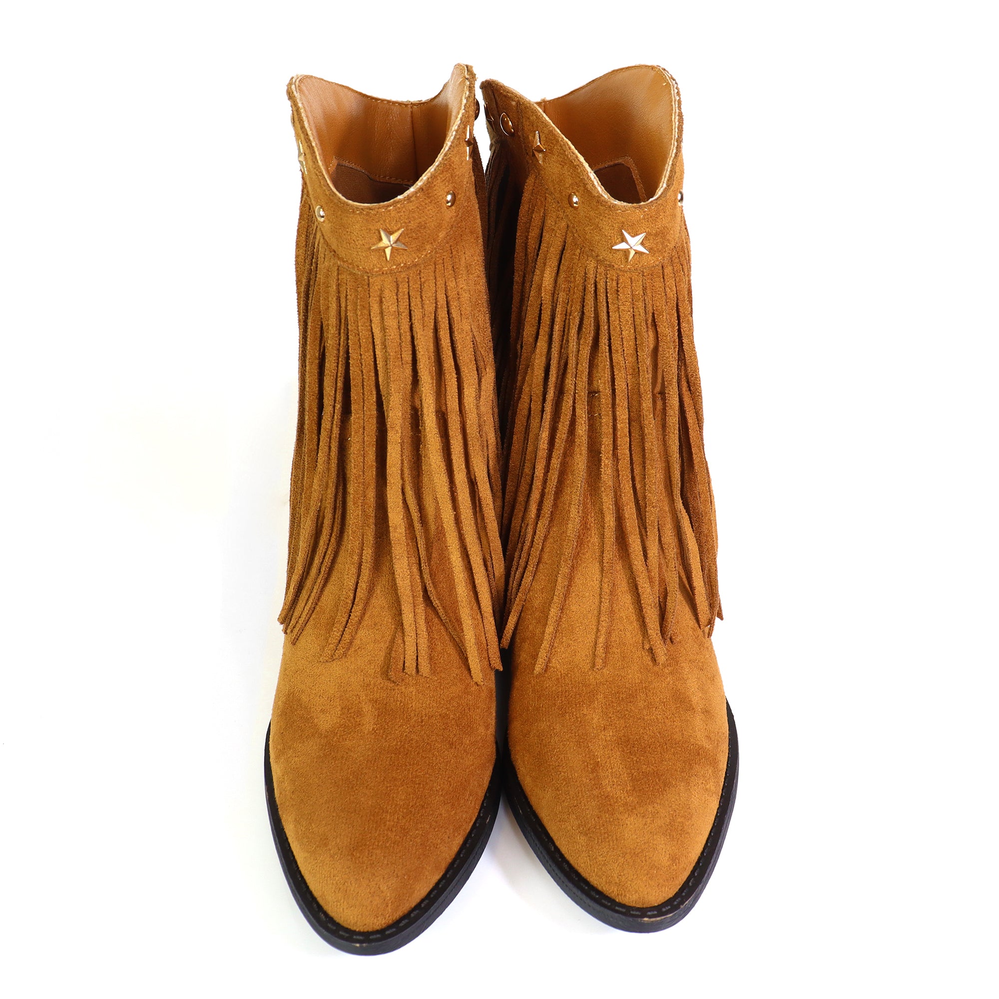 ANASTASIA-1 FRINGE WESYERN ANKLE BOOTS TAN