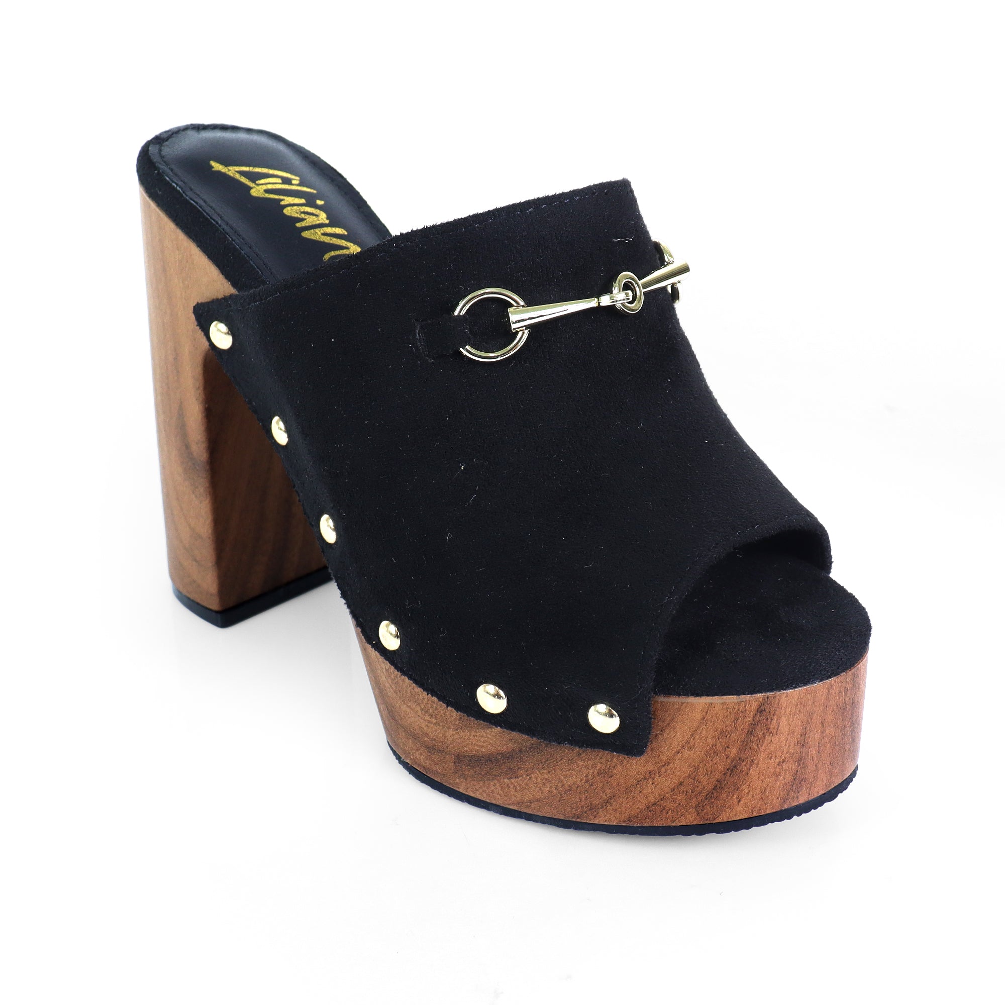 ANDAZ-4 PEEP TOE HORSEBIT STUD MULE W WOOD PLATFORM BLACK