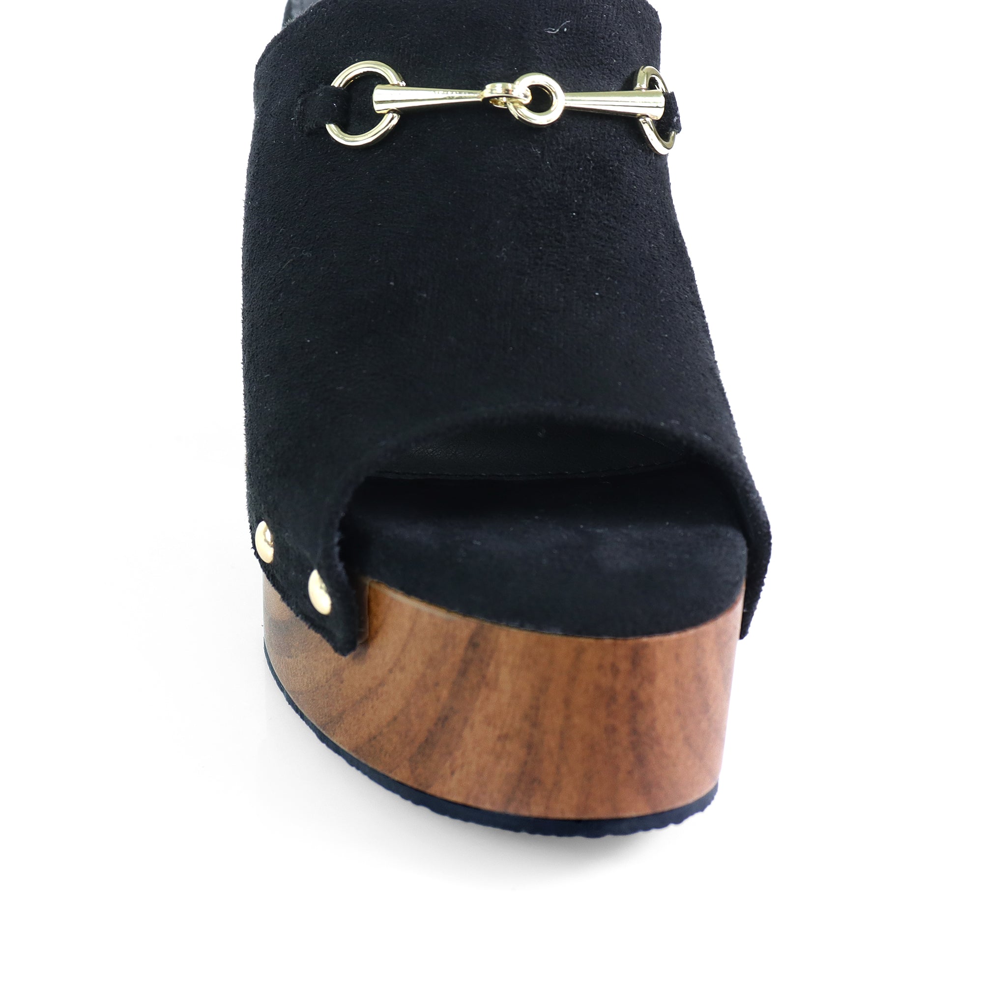 ANDAZ-4 PEEP TOE HORSEBIT STUD MULE W WOOD PLATFORM BLACK