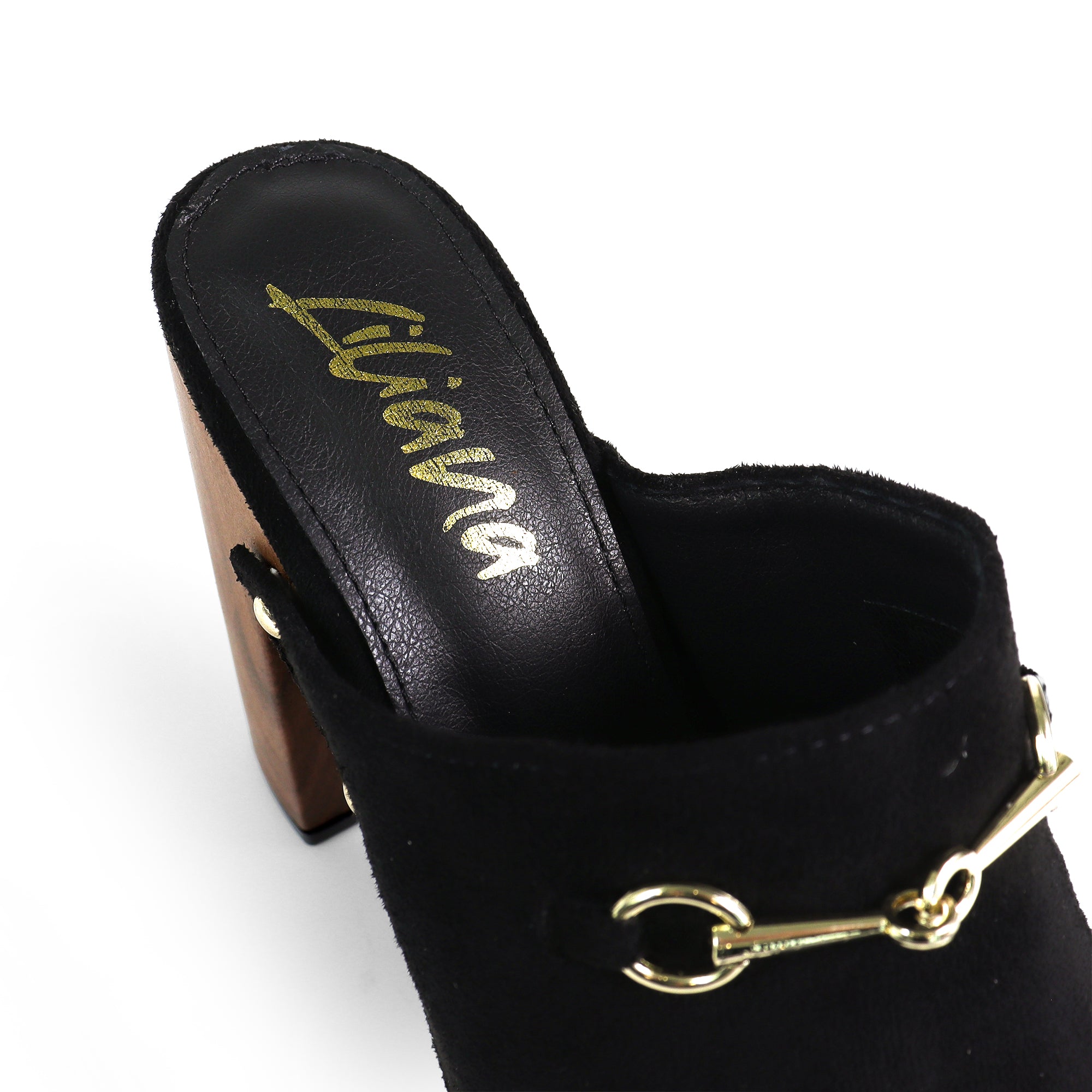 ANDAZ-4 PEEP TOE HORSEBIT STUD MULE W WOOD PLATFORM BLACK
