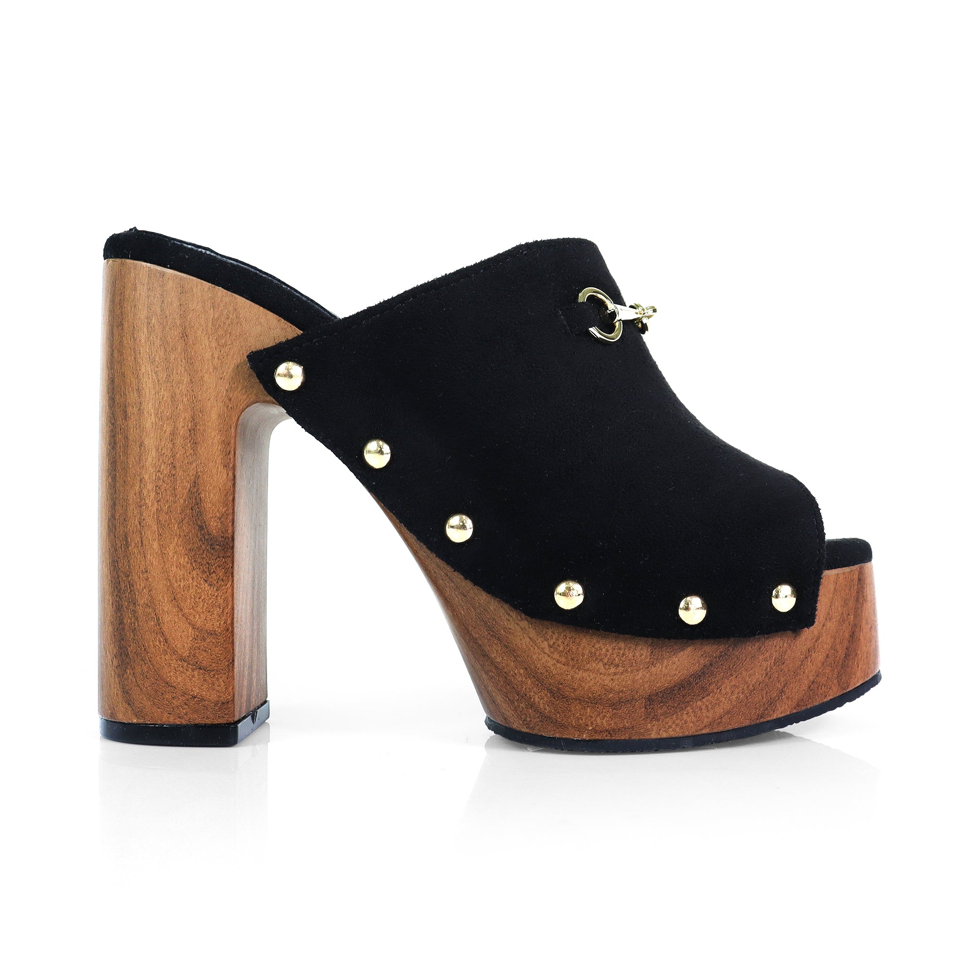 ANDAZ-4 PEEP TOE HORSEBIT STUD MULE W WOOD PLATFORM BLACK