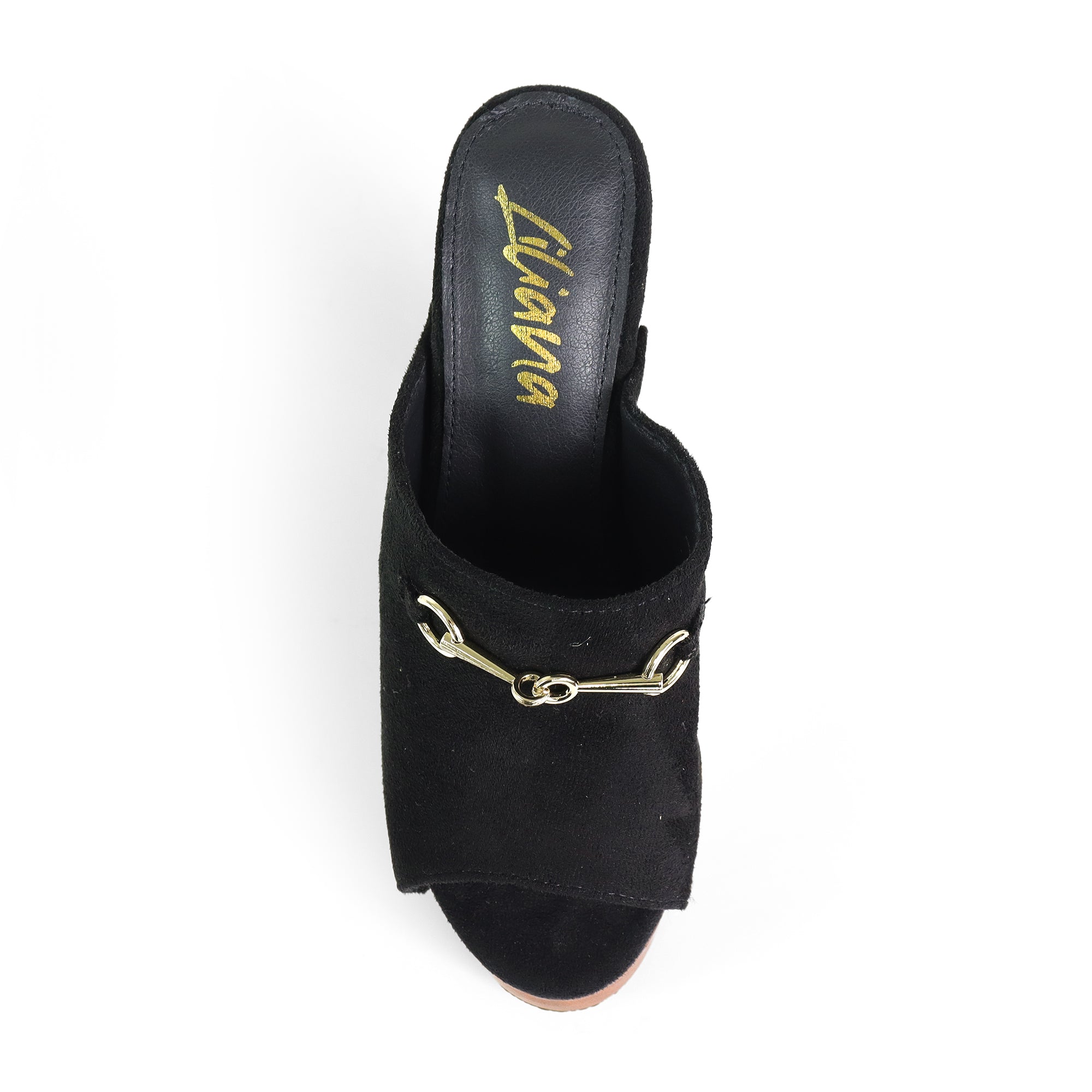 ANDAZ-4 PEEP TOE HORSEBIT STUD MULE W WOOD PLATFORM BLACK
