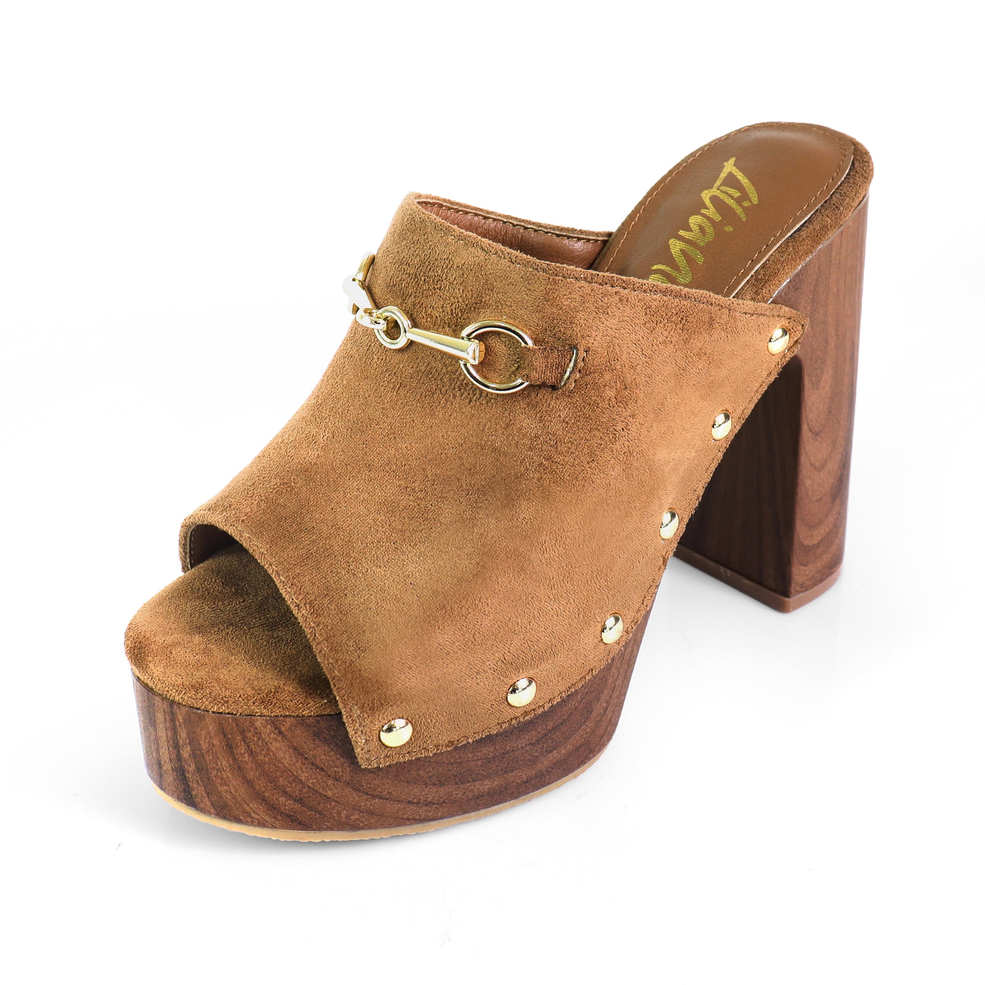 ANDAZ-4 PEEP TOE HORSEBIT STUD MULE W WOOD PLATFORM TAN