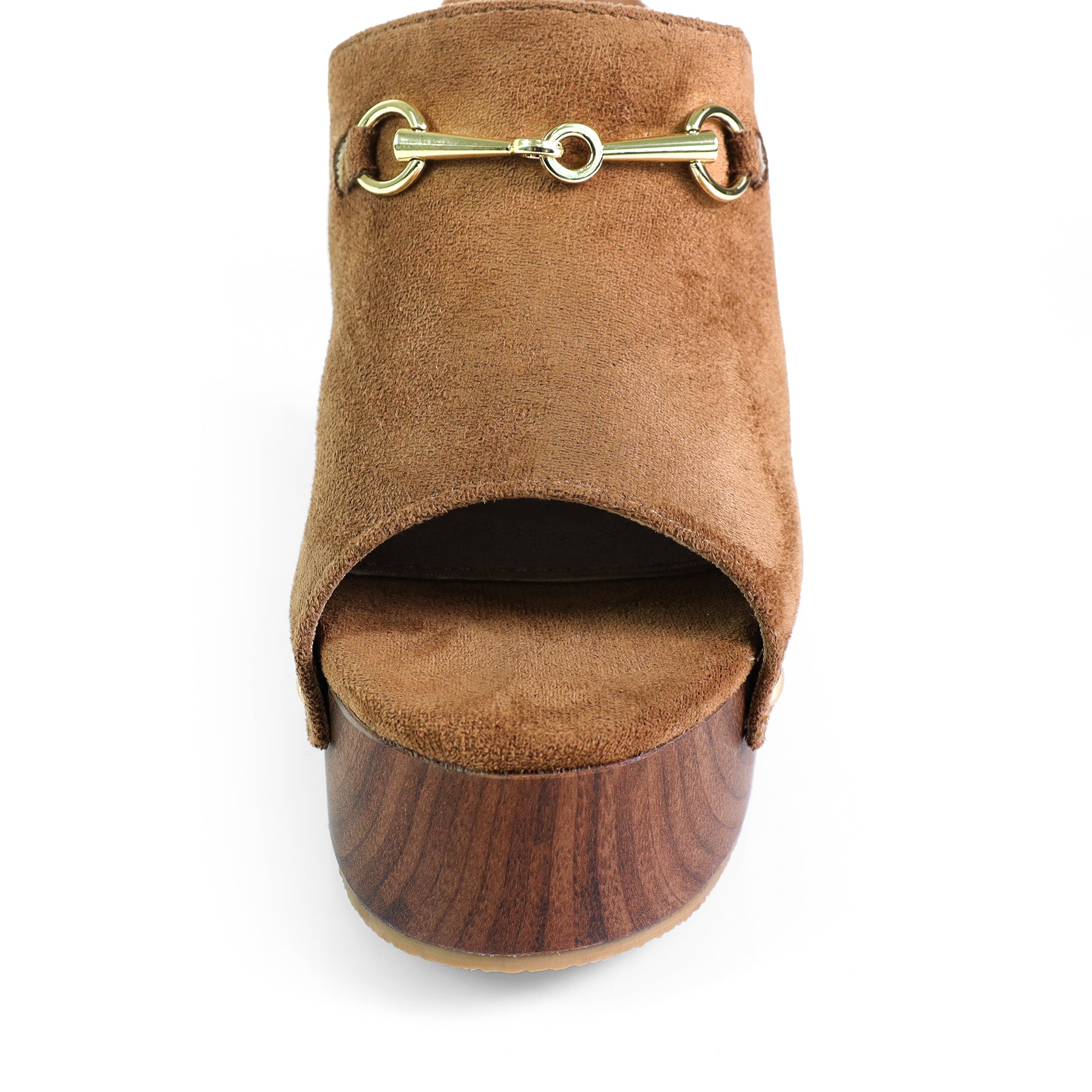 ANDAZ-4 PEEP TOE HORSEBIT STUD MULE W WOOD PLATFORM TAN