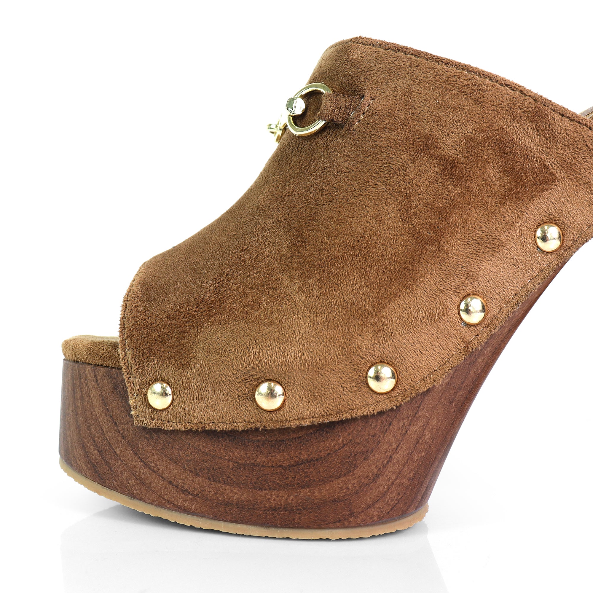 ANDAZ-4 PEEP TOE HORSEBIT STUD MULE W WOOD PLATFORM TAN