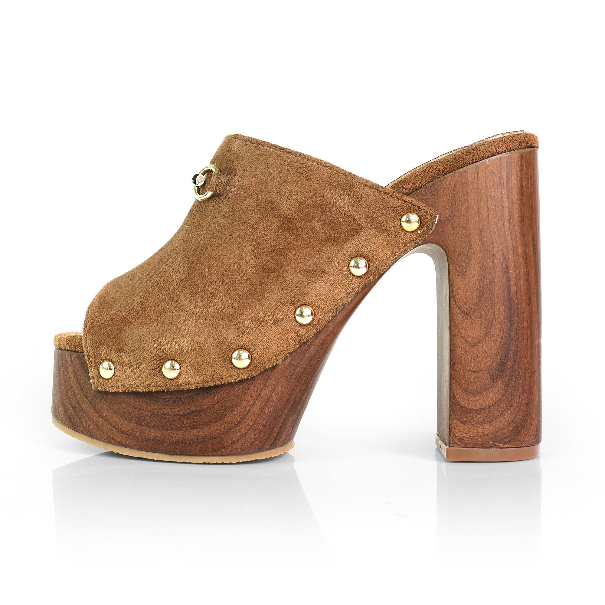 ANDAZ-4 PEEP TOE HORSEBIT STUD MULE W WOOD PLATFORM TAN