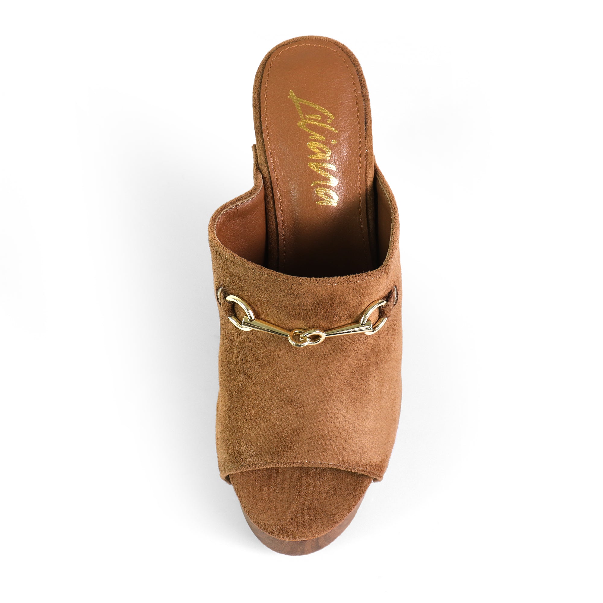 ANDAZ-4 PEEP TOE HORSEBIT STUD MULE W WOOD PLATFORM TAN