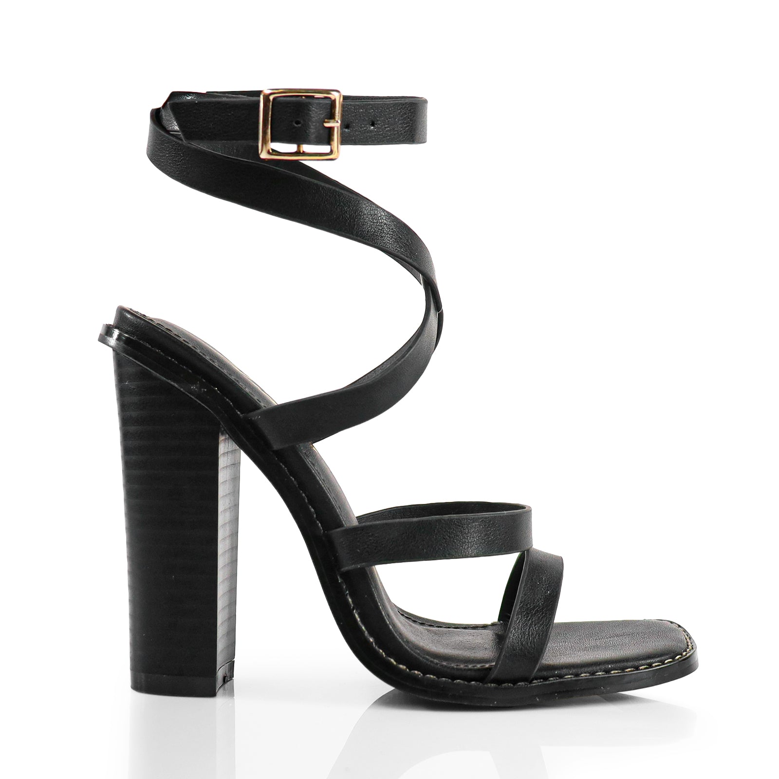ANSON-11 OPEN TOE STRAPPY BUCKLE W/CHUNKY HEEL BLACK
