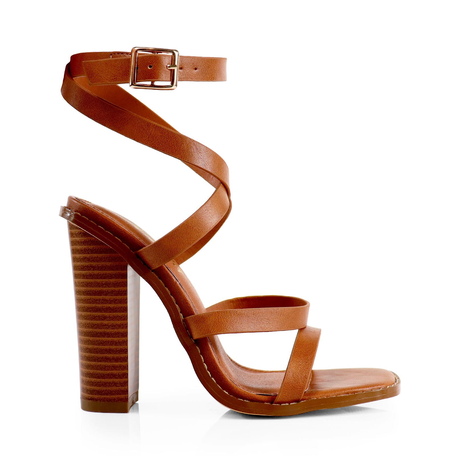 ANSON-11 OPEN TOE STRAPPY BUCKLE W/CHUNKY HEEL TAN