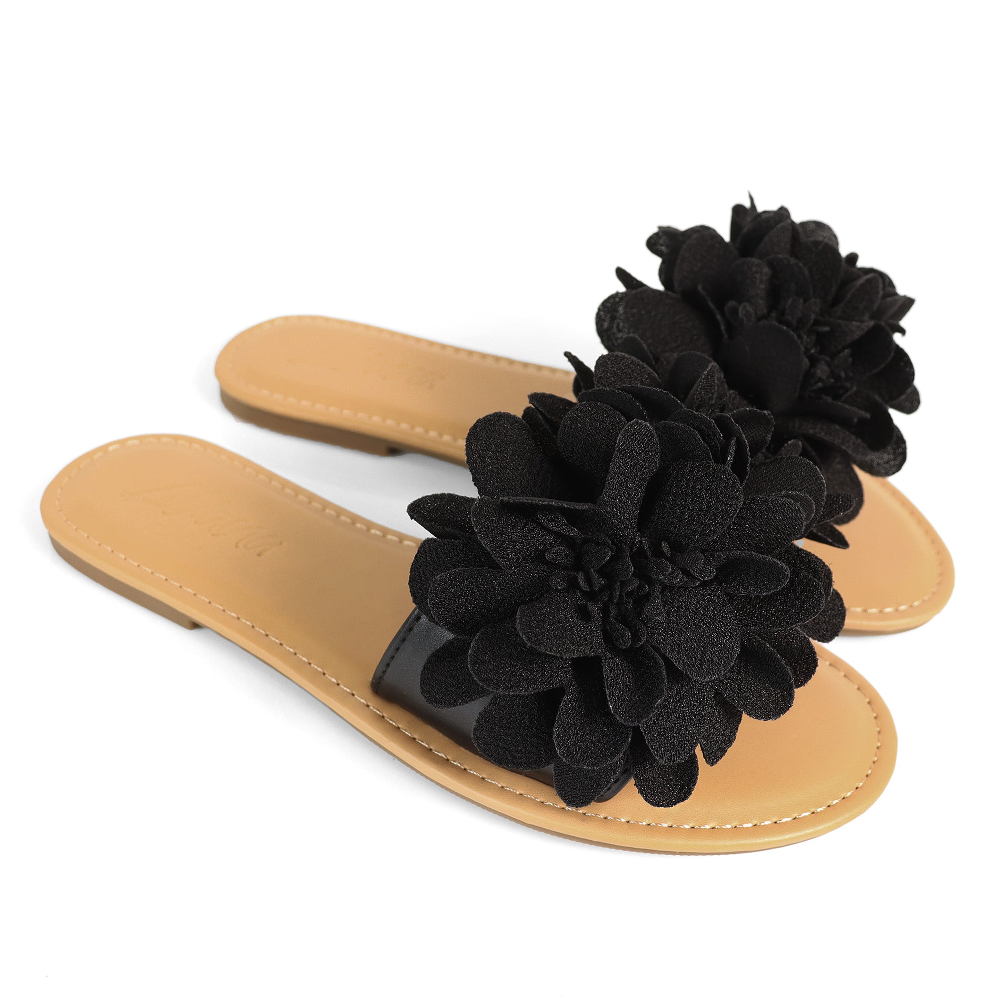 ANYA-17 ROUND TOE FLOWER SLIDER BLACK
