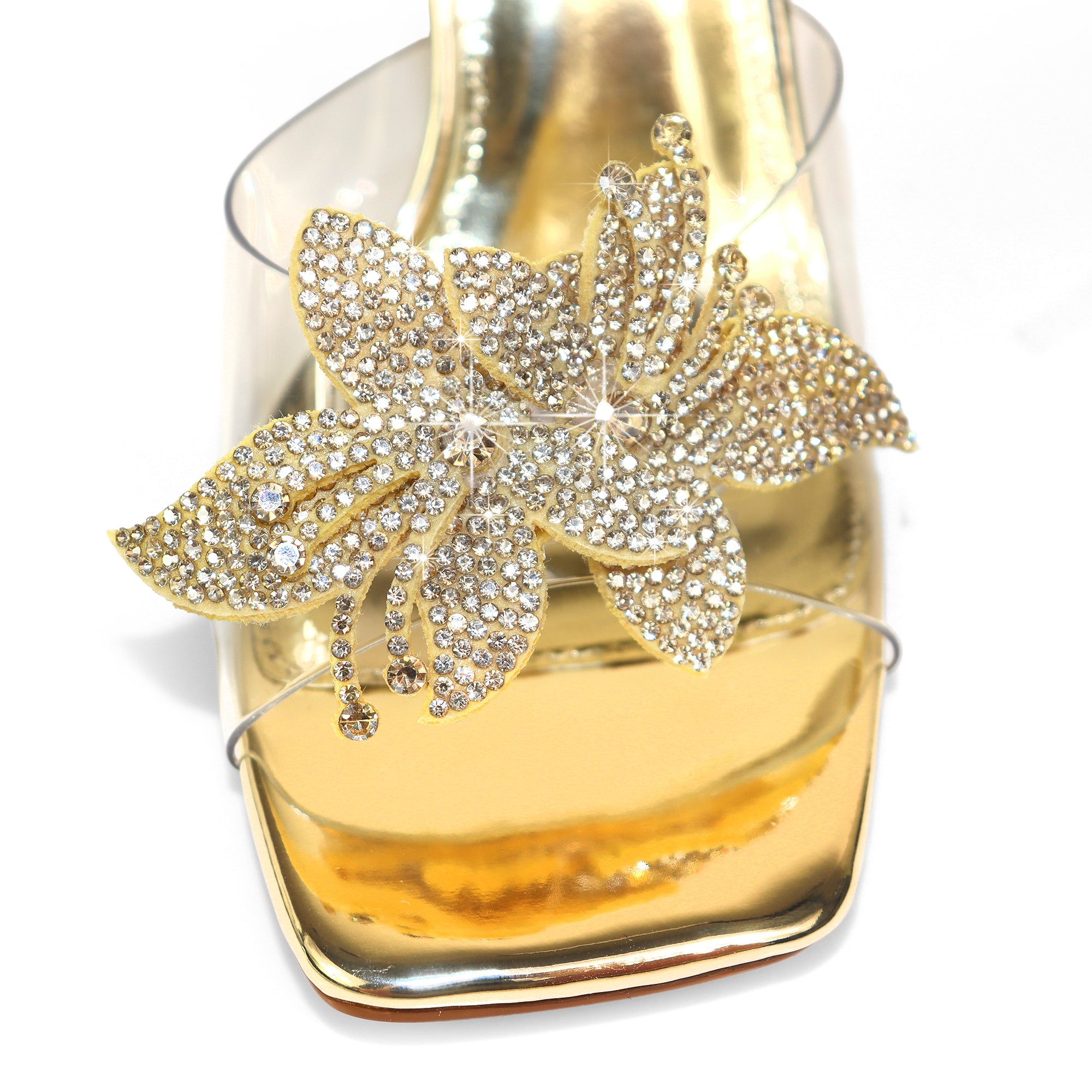 APRIL-1  RHINSTONE FLOWER W/ CRYSTAL SPOOL HEEL GOLD