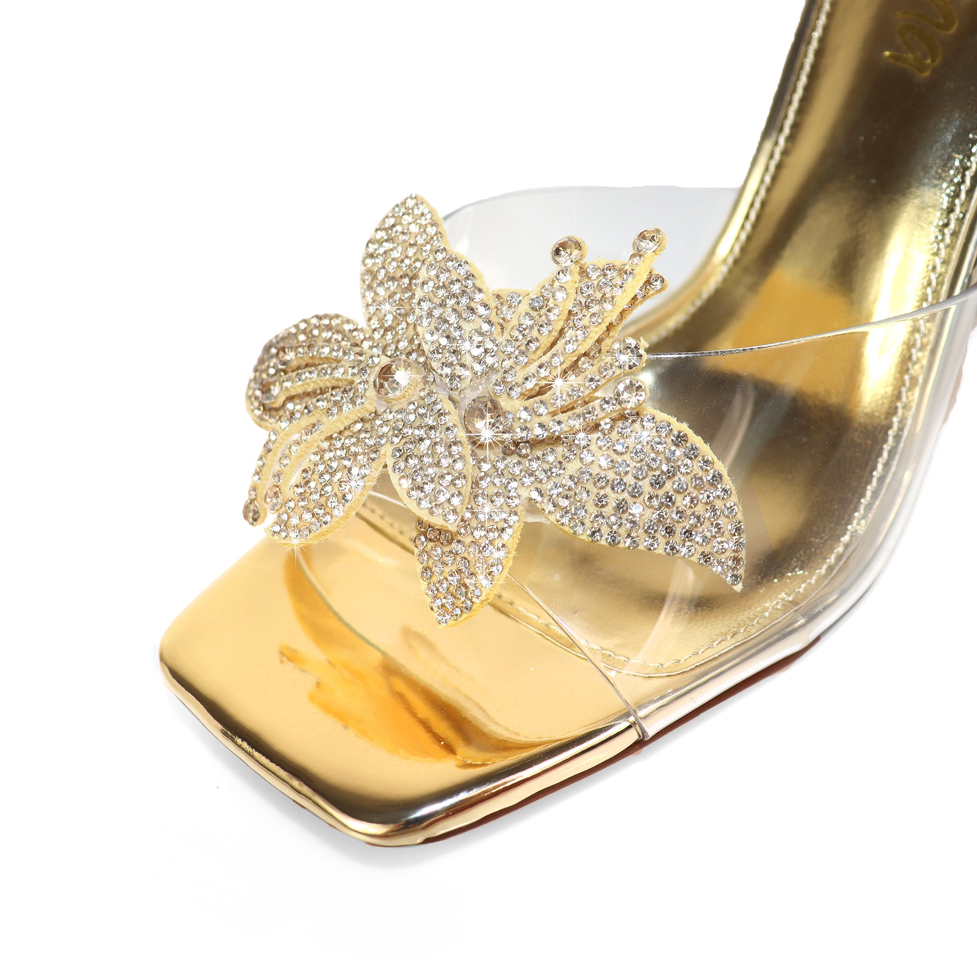 APRIL-1  RHINSTONE FLOWER W/ CRYSTAL SPOOL HEEL GOLD