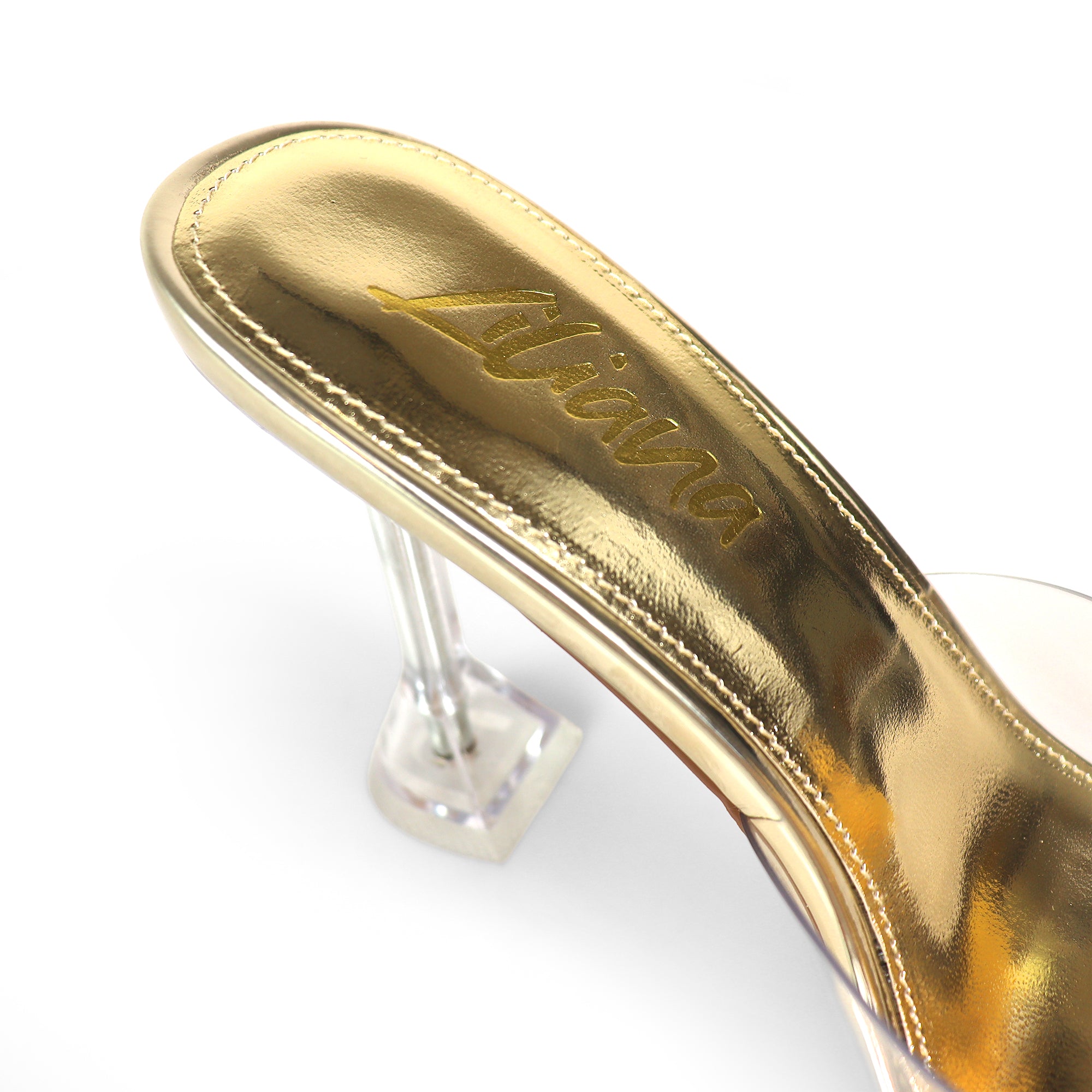 APRIL-1  RHINSTONE FLOWER W/ CRYSTAL SPOOL HEEL GOLD