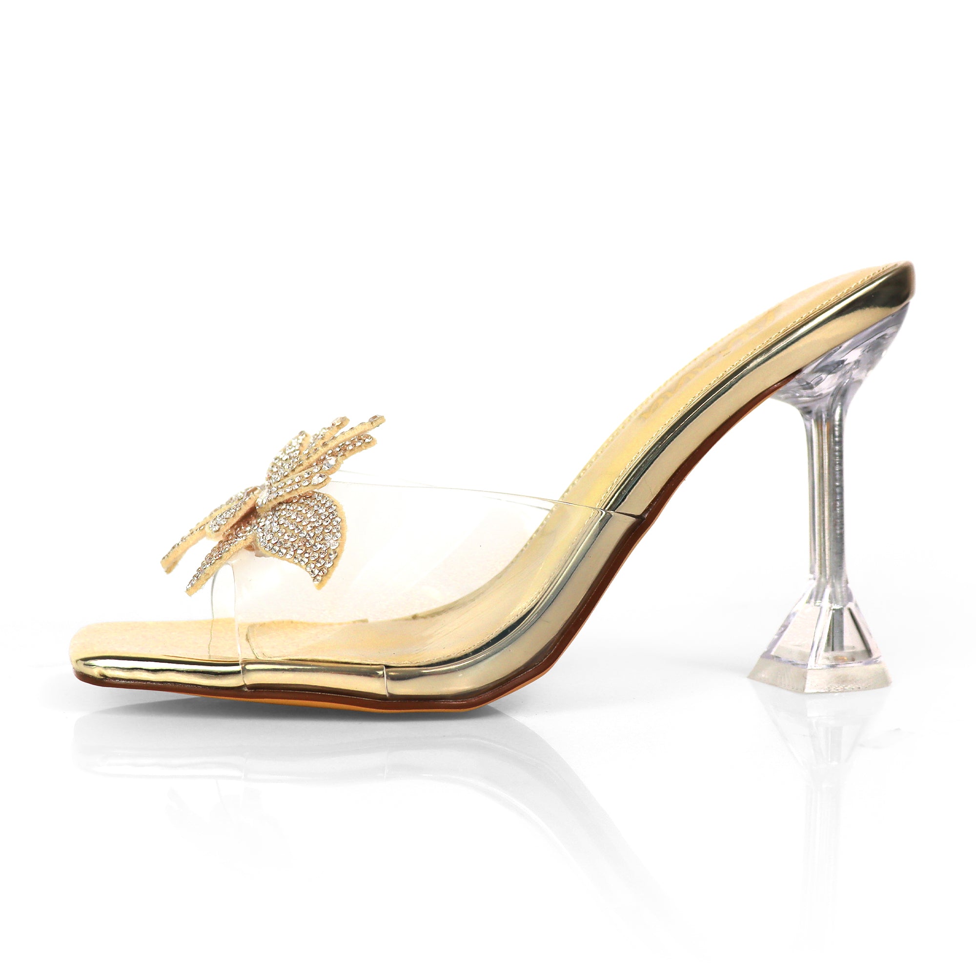 APRIL-1  RHINSTONE FLOWER W/ CRYSTAL SPOOL HEEL GOLD